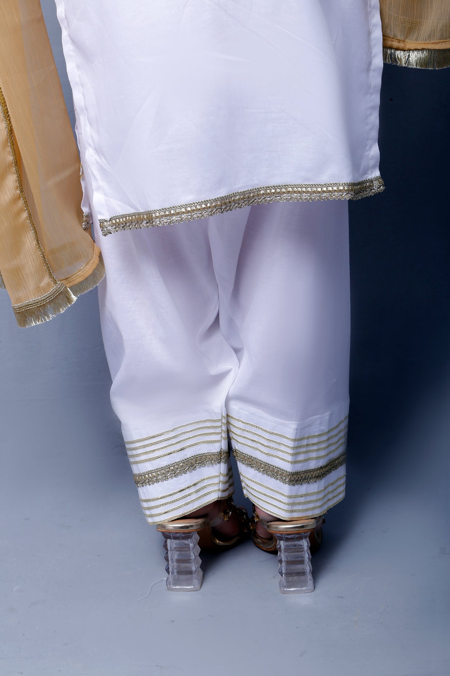 3 piece Elegant White Cotton Plazo Shalwar Kameez Suit with Golden Laces & Golden Chiffon Dupatta.(Stitch)