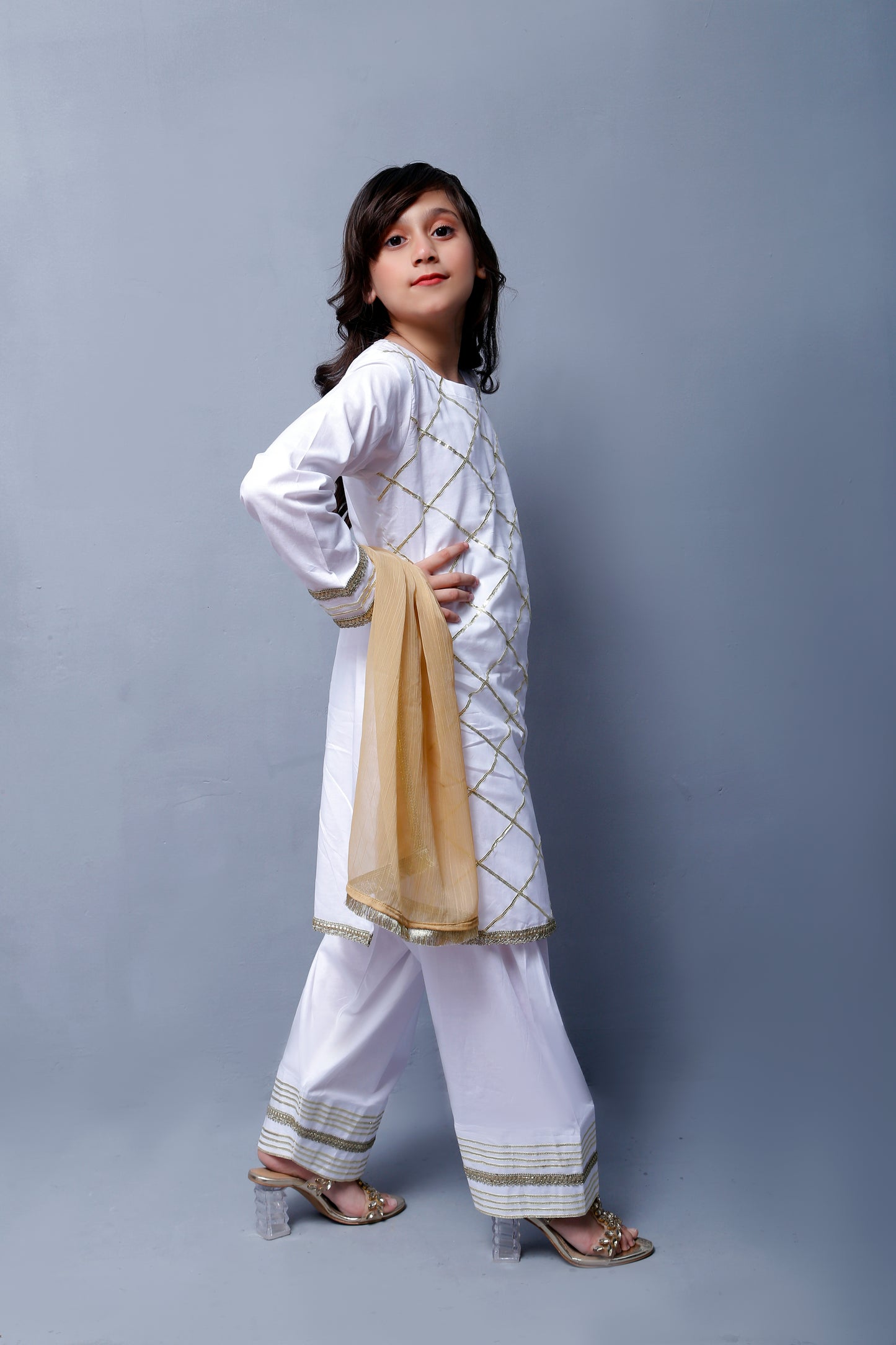 3 piece Elegant White Cotton Plazo Shalwar Kameez Suit with Golden Laces & Golden Chiffon Dupatta.(Stitch)