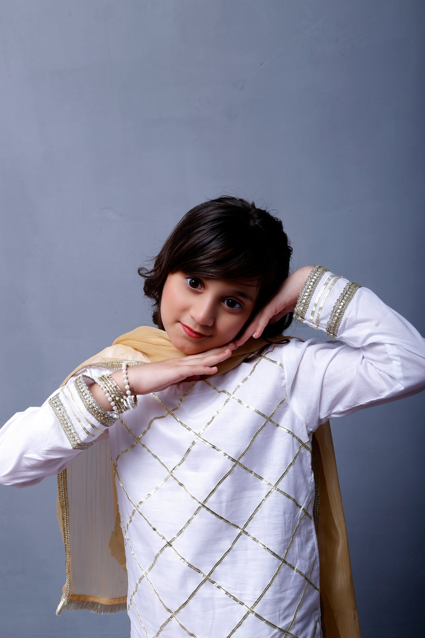 3 piece Elegant White Cotton Plazo Shalwar Kameez Suit with Golden Laces & Golden Chiffon Dupatta.(Stitch)