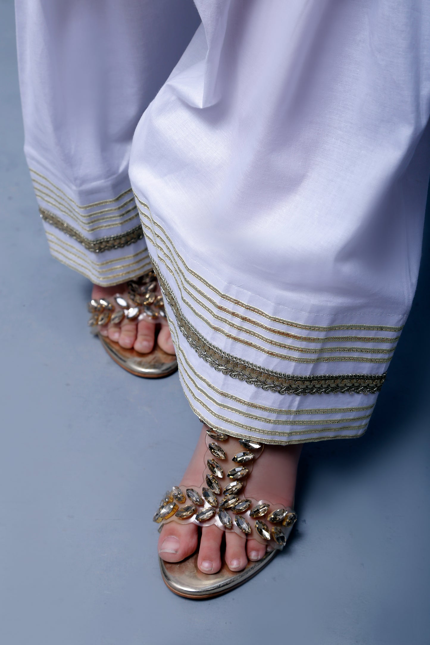 3 piece Elegant White Cotton Plazo Shalwar Kameez Suit with Golden Laces & Golden Chiffon Dupatta.(Stitch)