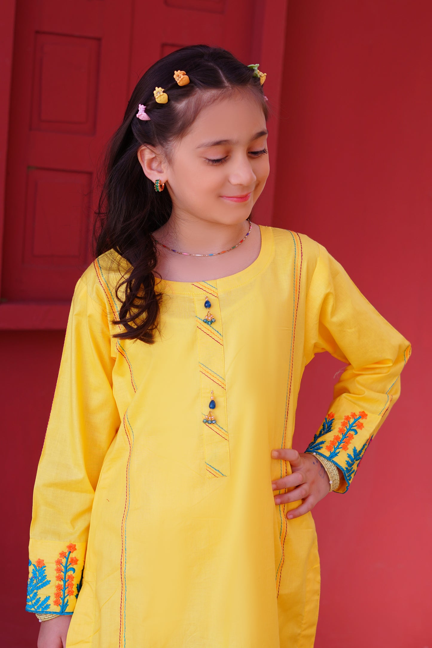 3 piece Yellow Embroidered Cotton Palazzo Suit with Sea Green Chiffon Dupatta & Laces.(Stitch).