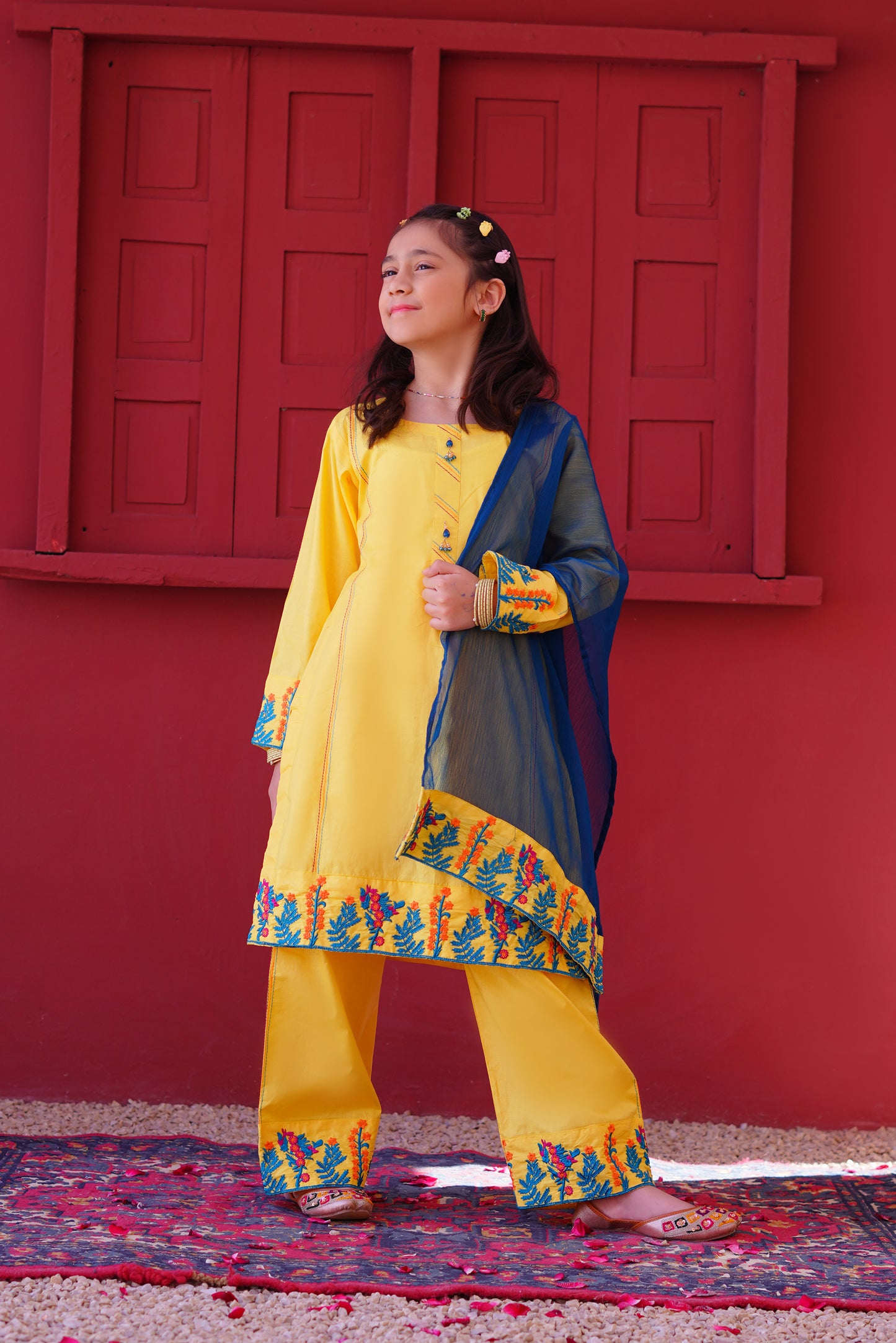 3 piece Yellow Embroidered Cotton Palazzo Suit with Sea Green Chiffon Dupatta & Laces.(Stitch).