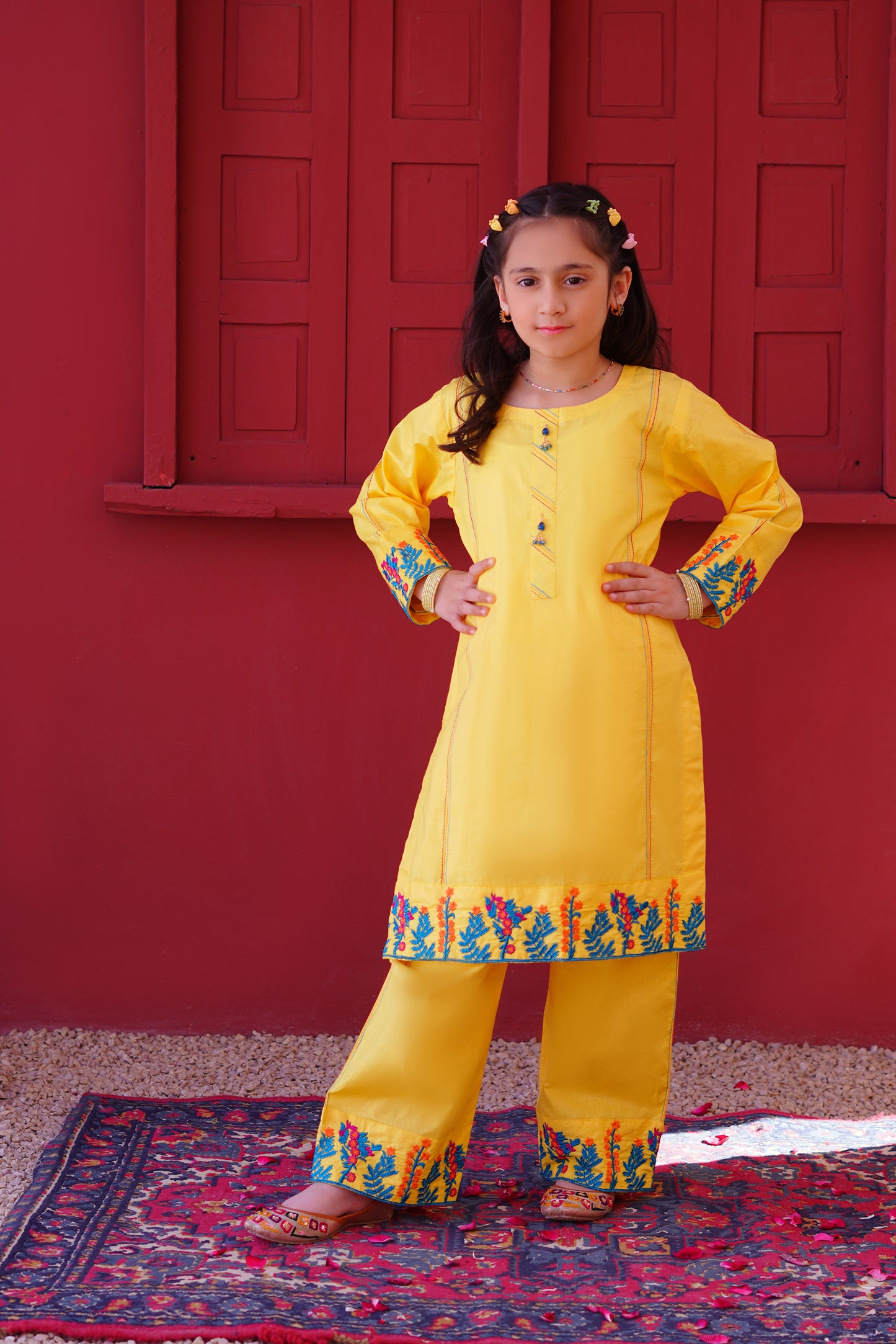 3 piece Yellow Embroidered Cotton Palazzo Suit with Sea Green Chiffon Dupatta & Laces.(Stitch).