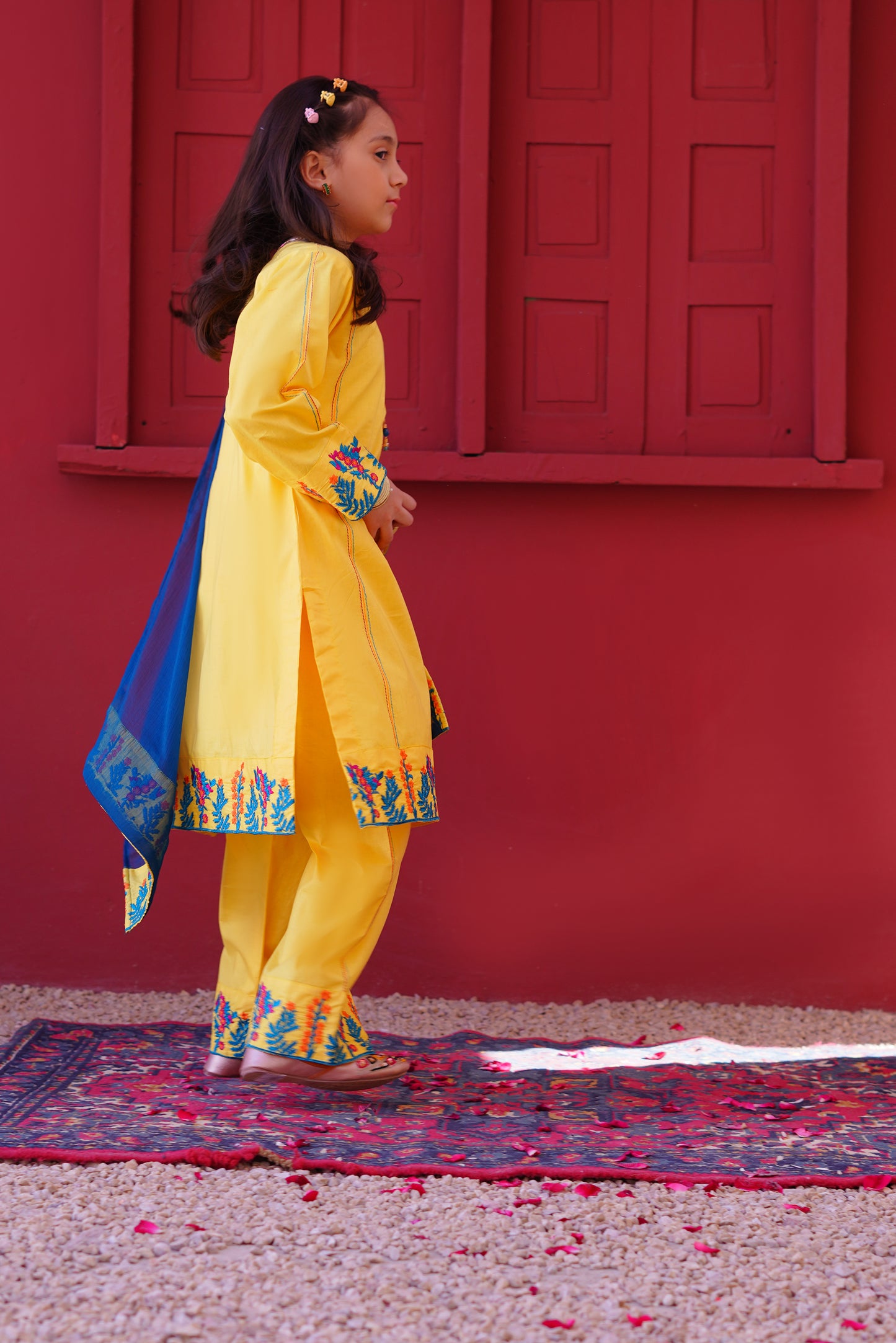 3 piece Yellow Embroidered Cotton Palazzo Suit with Sea Green Chiffon Dupatta & Laces.(Stitch).