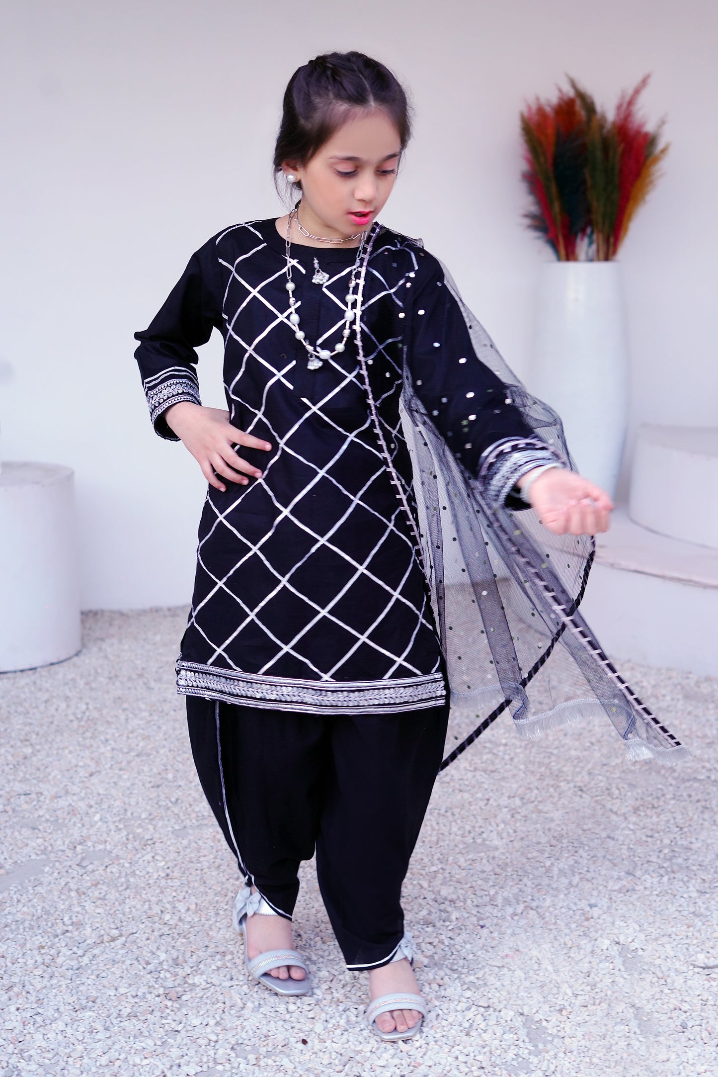 3 piece BLACK JET Cotton Tulip Suit with Black Silver net Dupatta & Silver Laces.(Stitch).