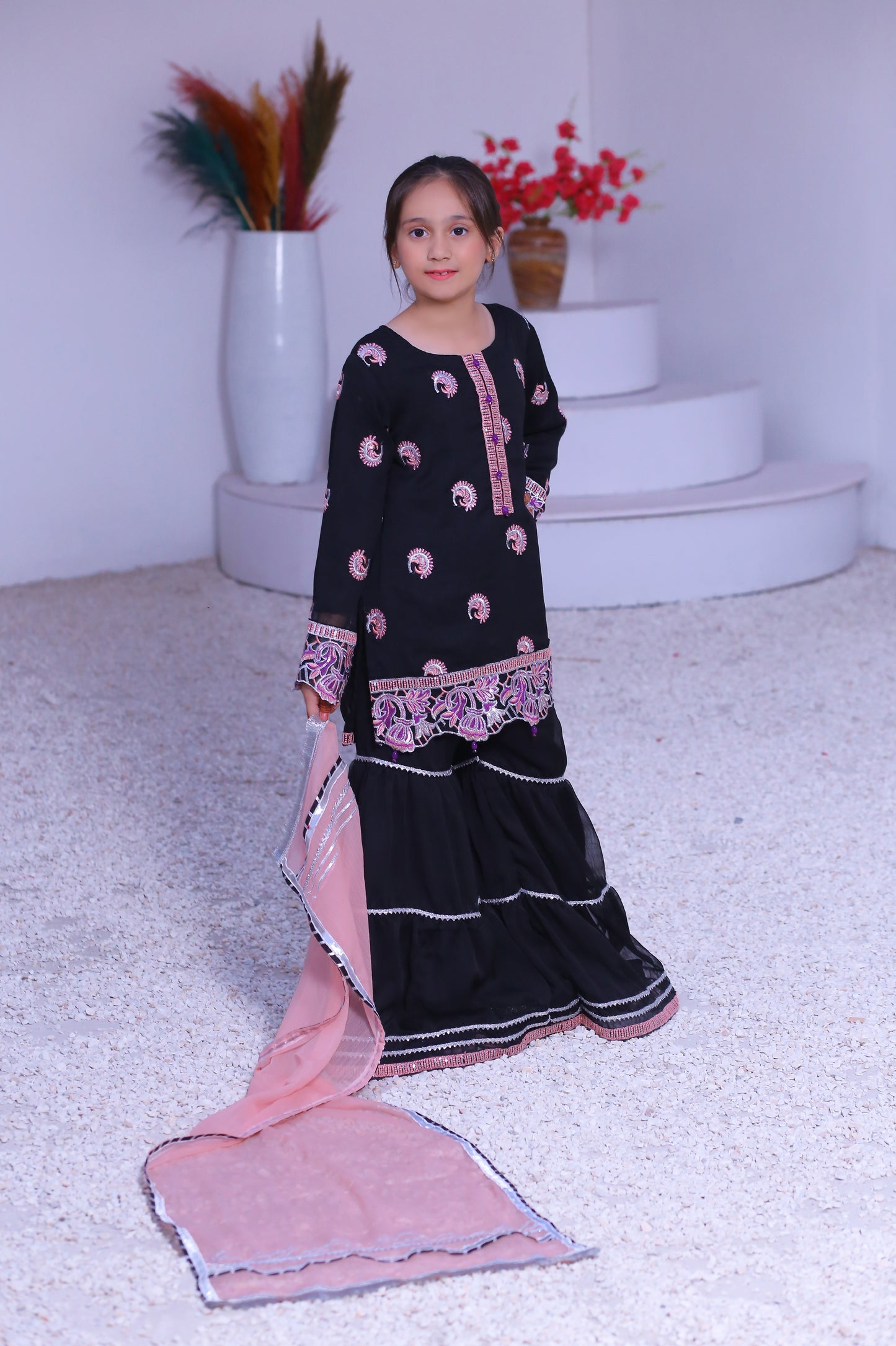 3 piece Black Embroidered Silver sequence Work Chiffon Gharara Suit with Baby Pink Chiffon Dupatta & Silver Laces with Purple Tusseles.(Stitch)