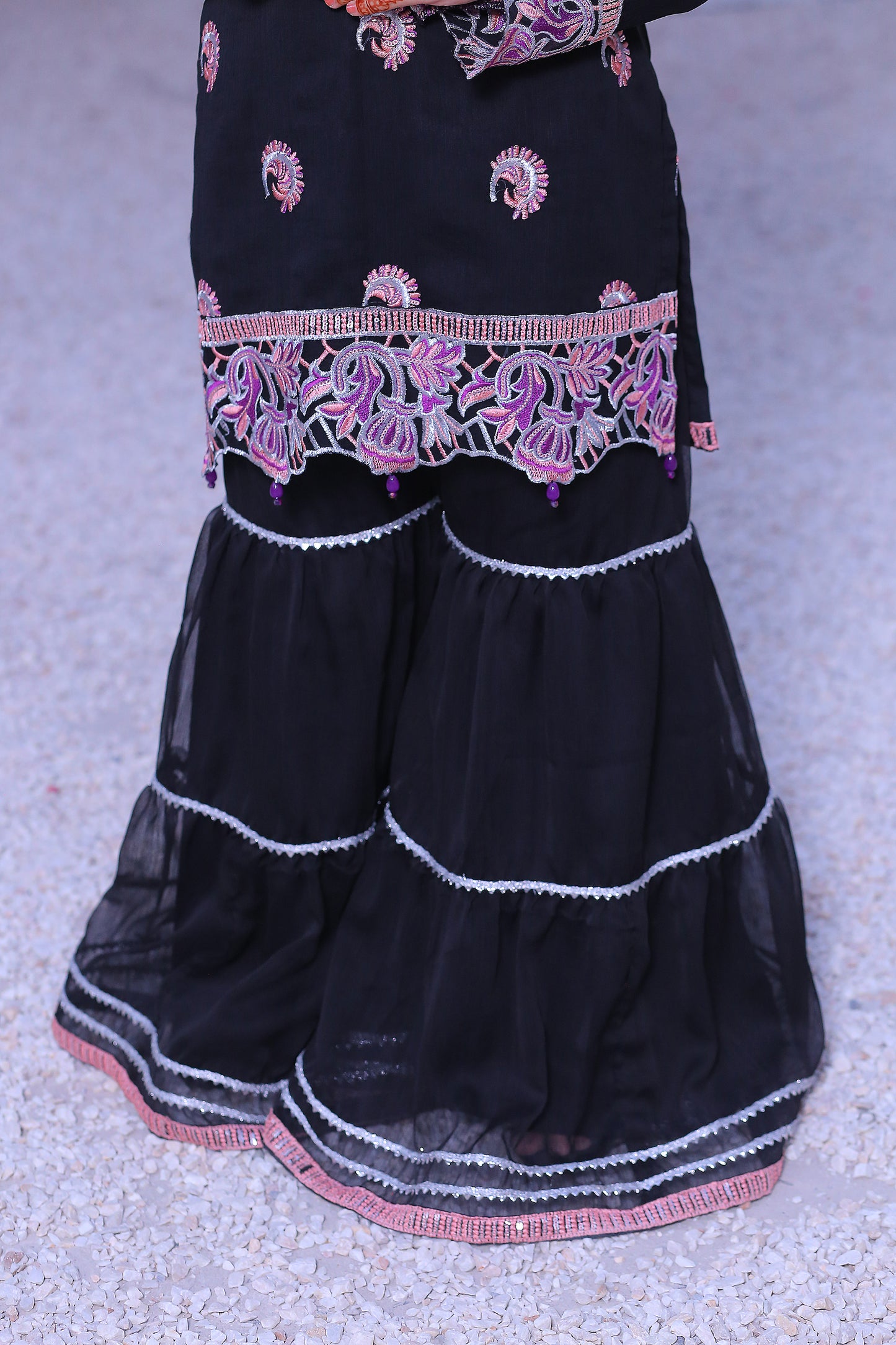 3 piece Black Embroidered Silver sequence Work Chiffon Gharara Suit with Baby Pink Chiffon Dupatta & Silver Laces with Purple Tusseles.(Stitch)
