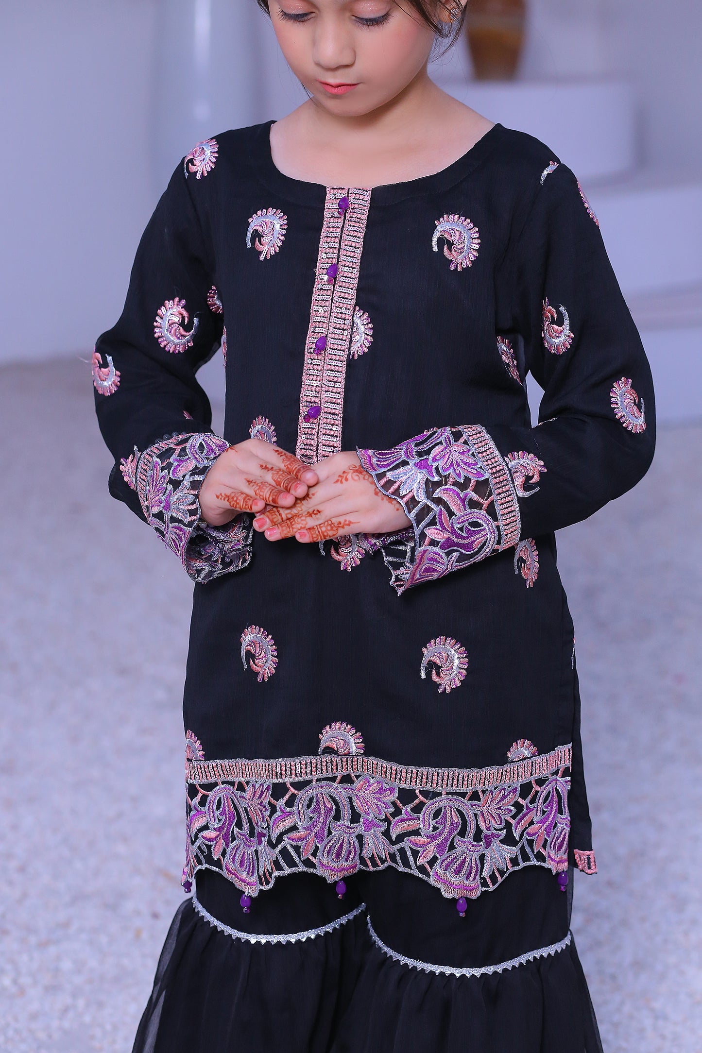 3 piece Black Embroidered Silver sequence Work Chiffon Gharara Suit with Baby Pink Chiffon Dupatta & Silver Laces with Purple Tusseles.(Stitch)