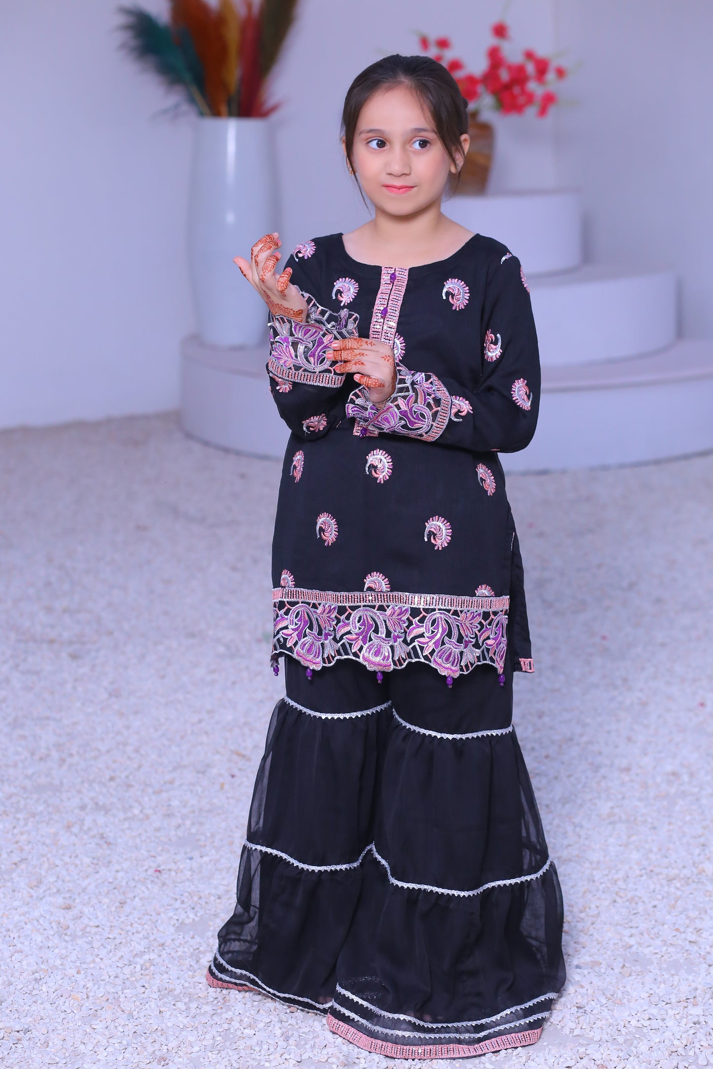 3 piece Black Embroidered Silver sequence Work Chiffon Gharara Suit with Baby Pink Chiffon Dupatta & Silver Laces with Purple Tusseles.(Stitch)