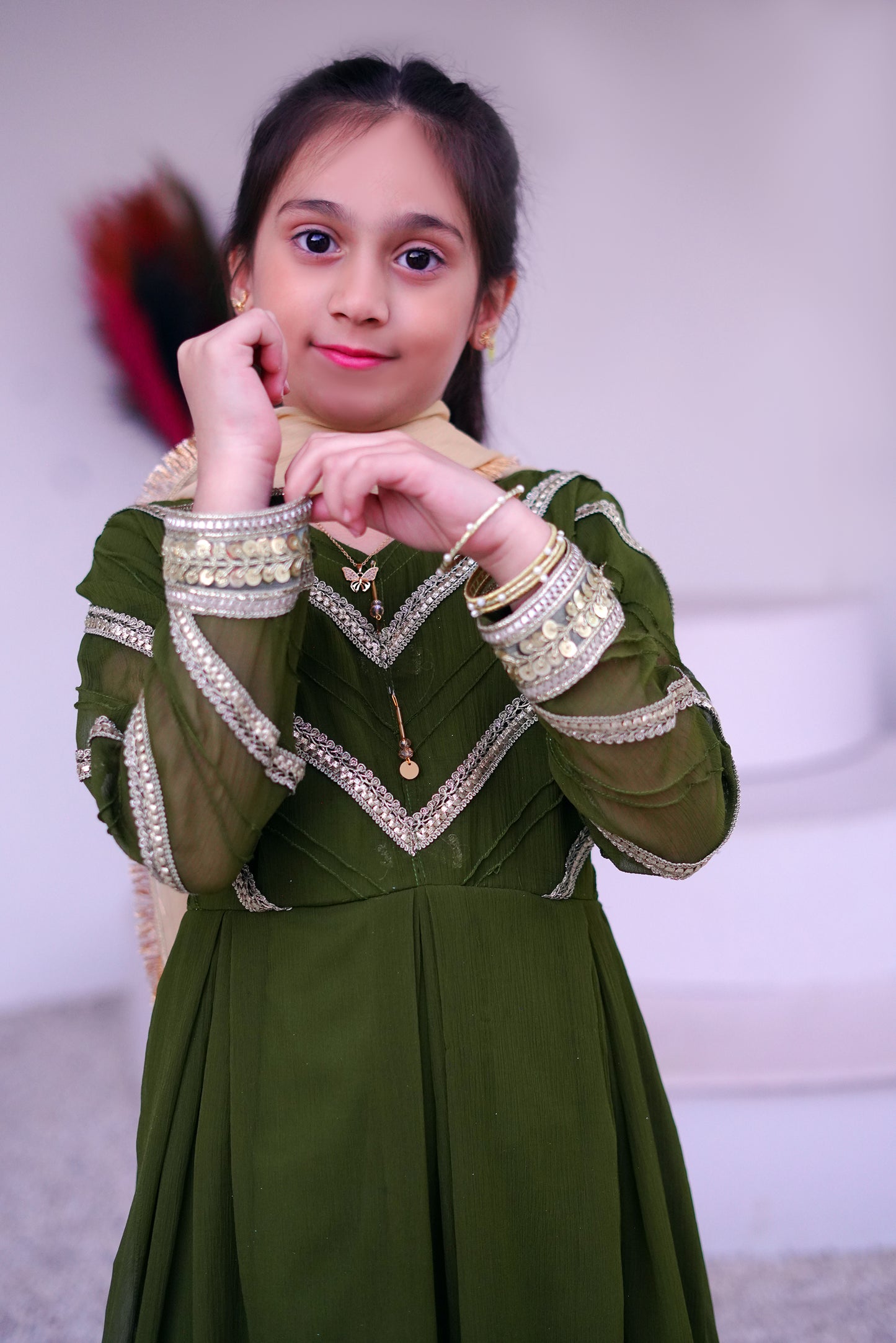 3 piece Mehdi Green Chiffon MAXI with Golden Chiffon Dupatta & Laces with Tussles.(Stitch)