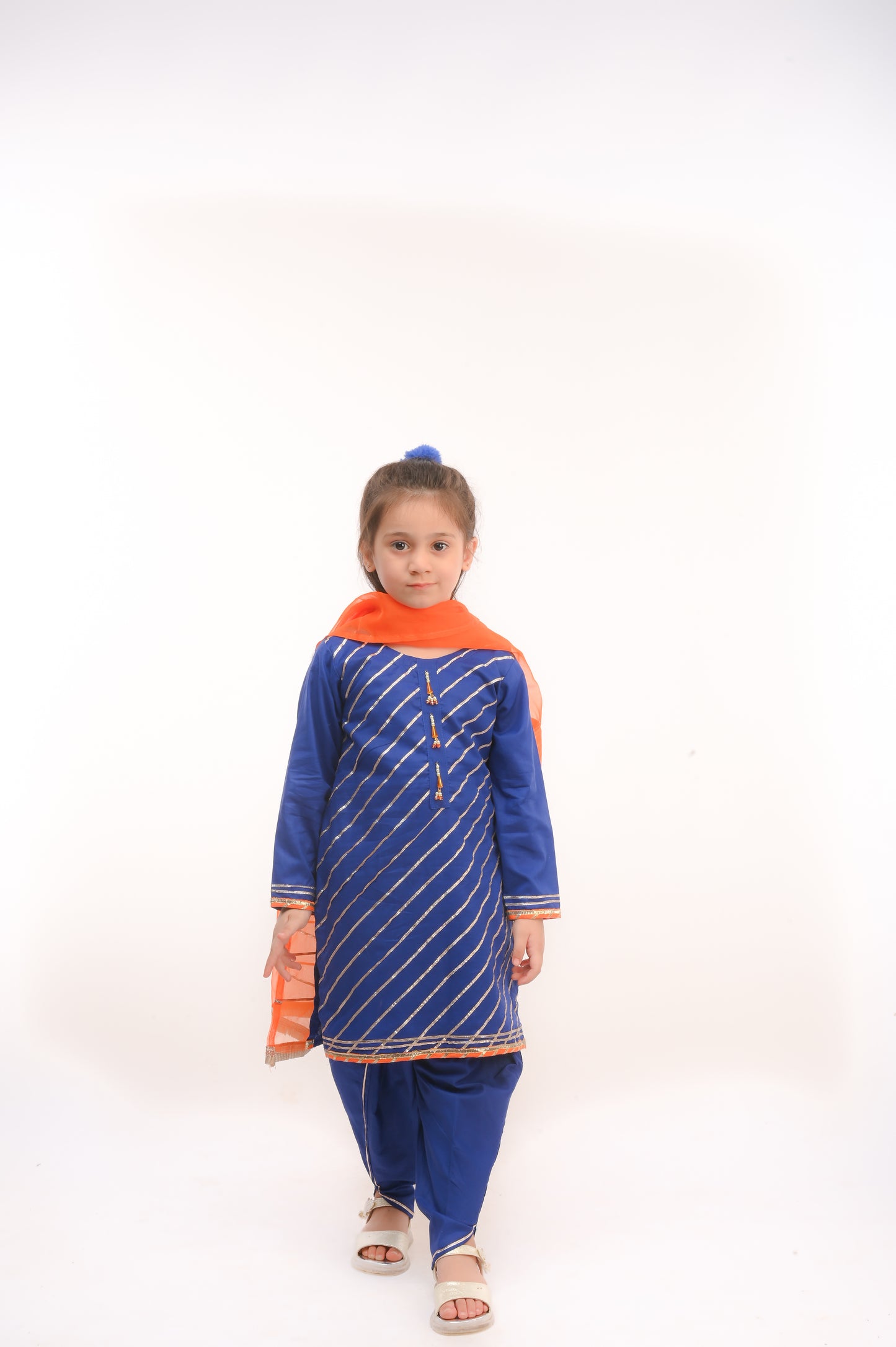 3 piece Royal Blue Cotton Tulip Suit with Orange net Dupatta & Laces.(Stitch).