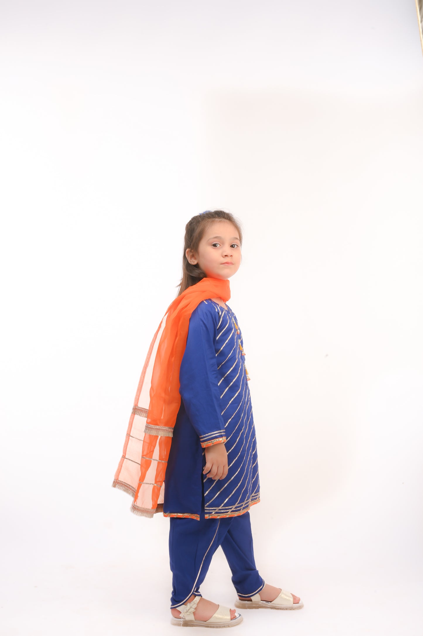 3 piece Royal Blue Cotton Tulip Suit with Orange net Dupatta & Laces.(Stitch).