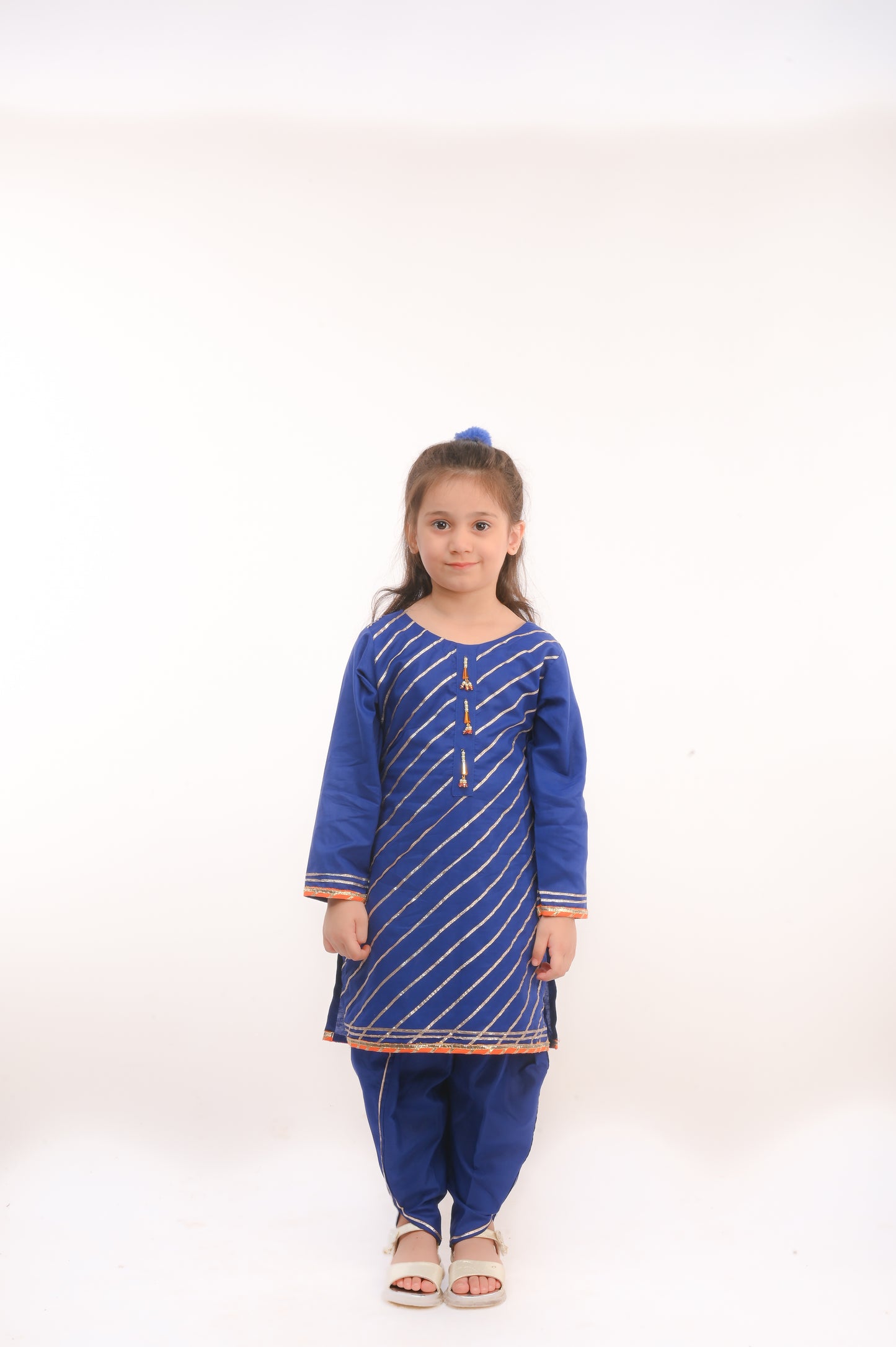 3 piece Royal Blue Cotton Tulip Suit with Orange net Dupatta & Laces.(Stitch).