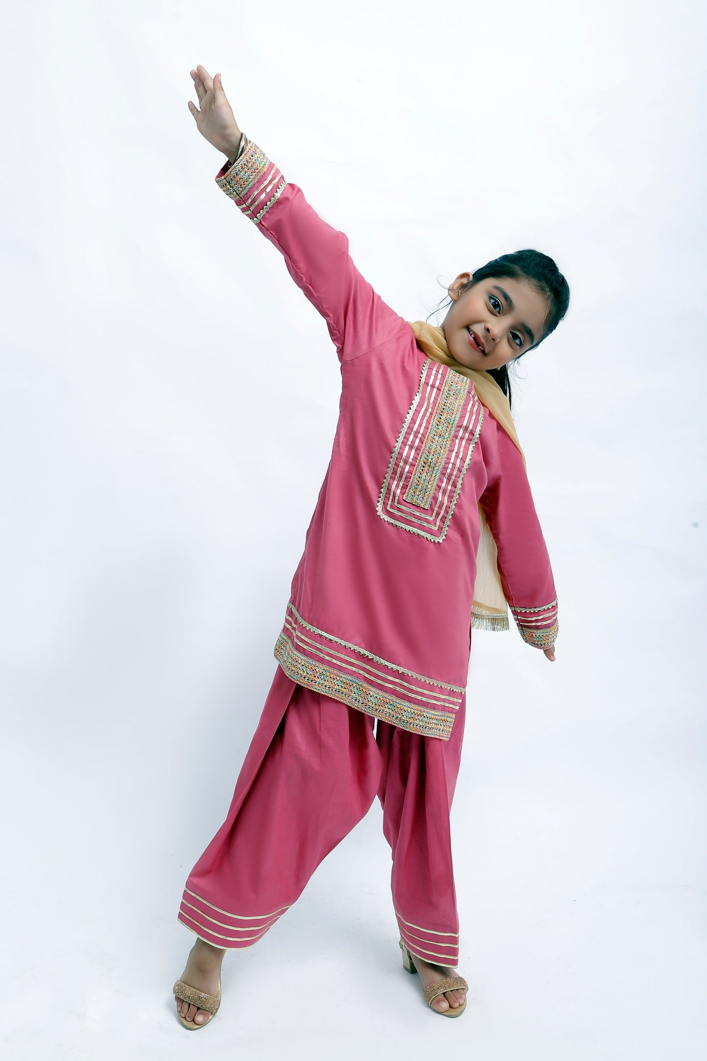 3 piece T-Pink Cotton Plazo Suit with Multicolor & Golden Laces & Golden Chiffon Dupatta. (Stitch)