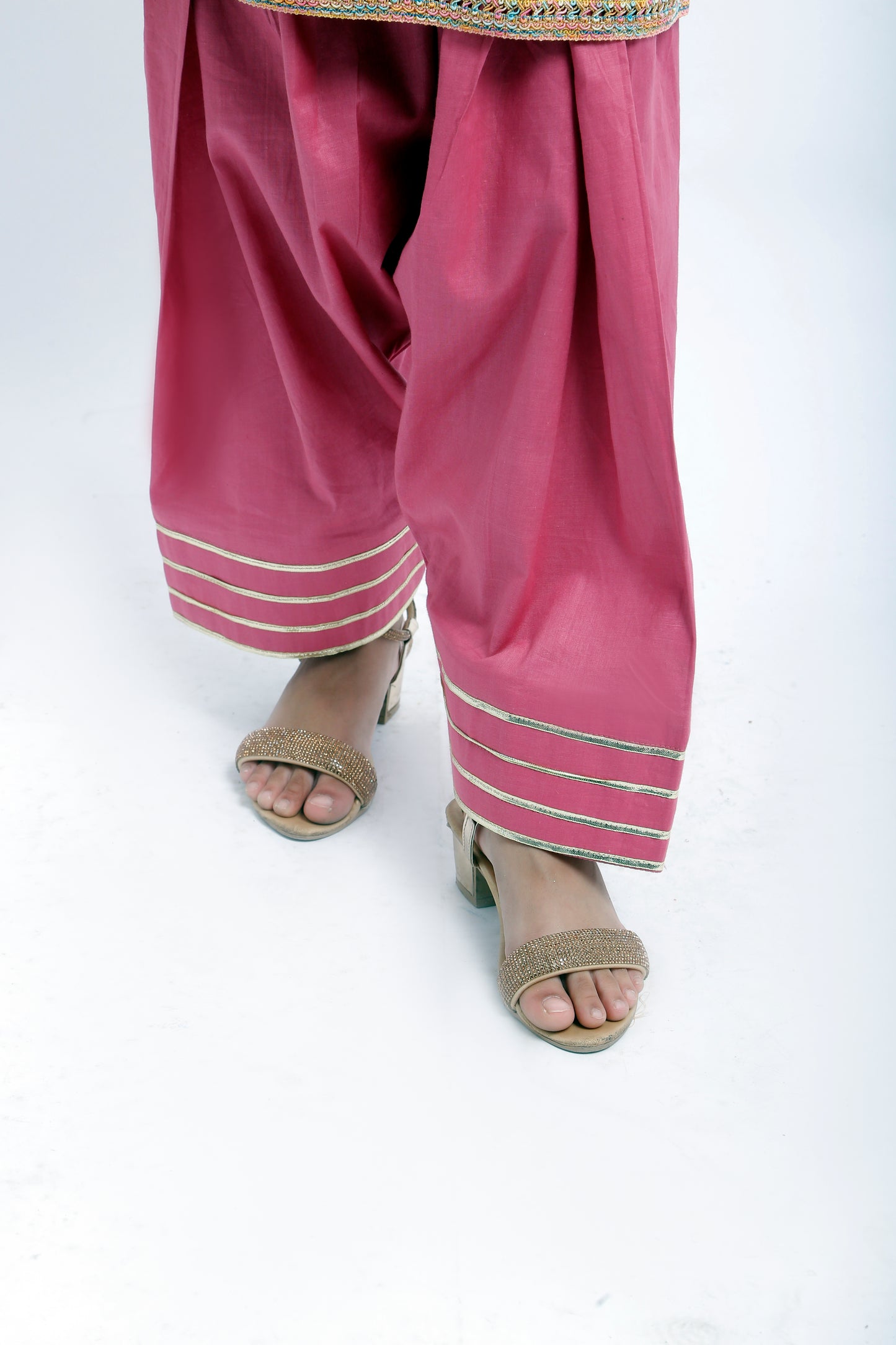 3 piece T-Pink Cotton Plazo Suit with Multicolor & Golden Laces & Golden Chiffon Dupatta. (Stitch)
