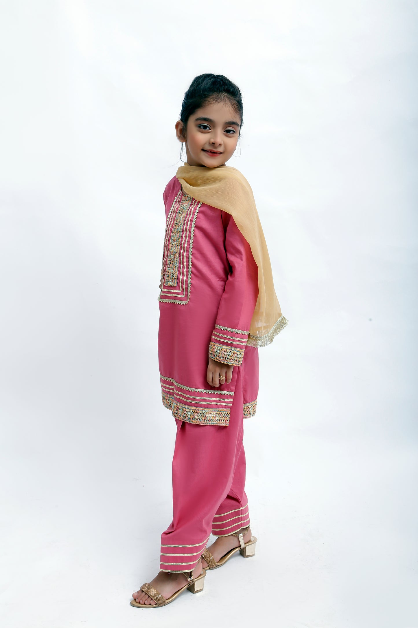 3 piece T-Pink Cotton Plazo Suit with Multicolor & Golden Laces & Golden Chiffon Dupatta. (Stitch)