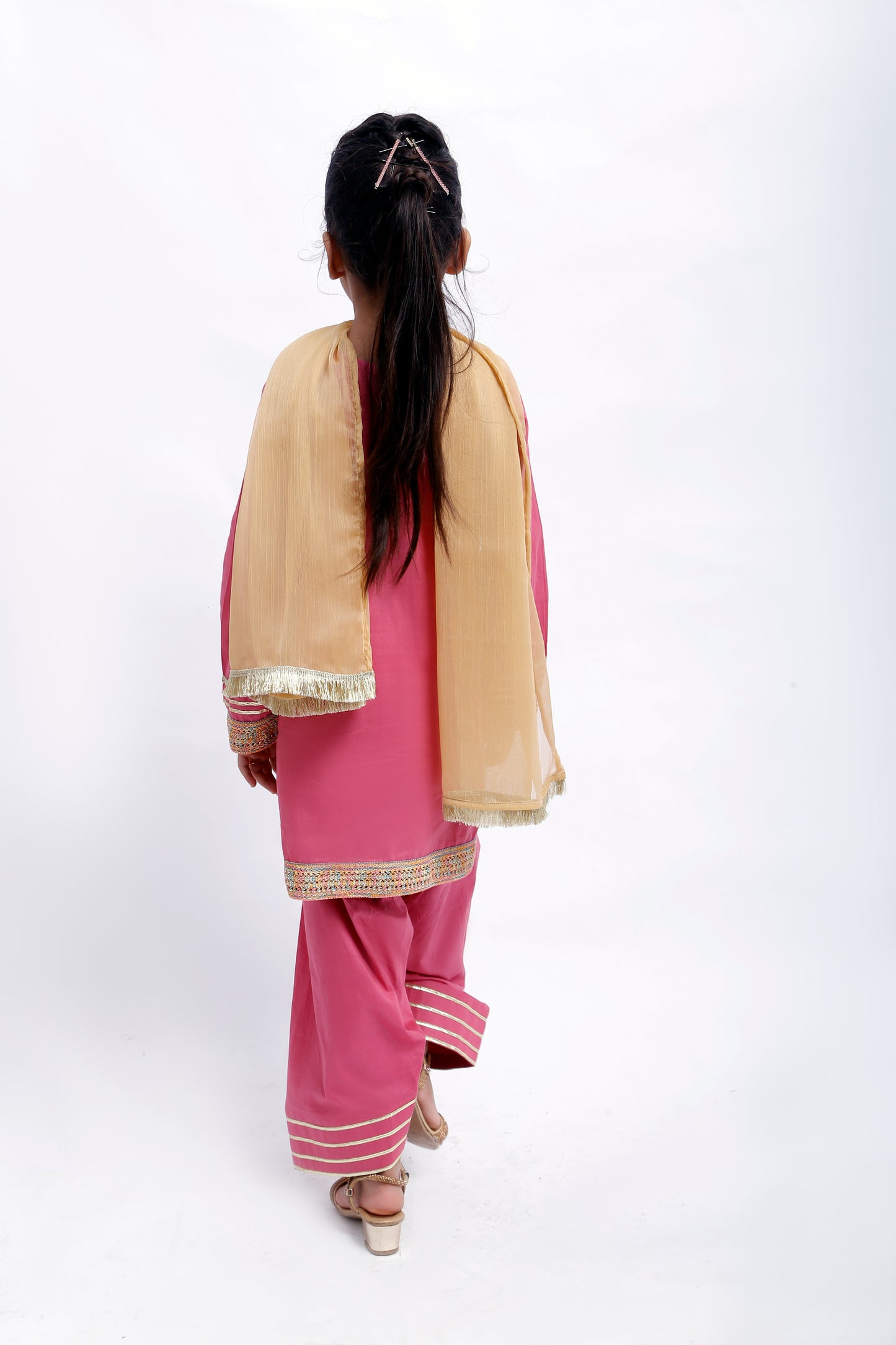 3 piece T-Pink Cotton Plazo Suit with Multicolor & Golden Laces & Golden Chiffon Dupatta. (Stitch)