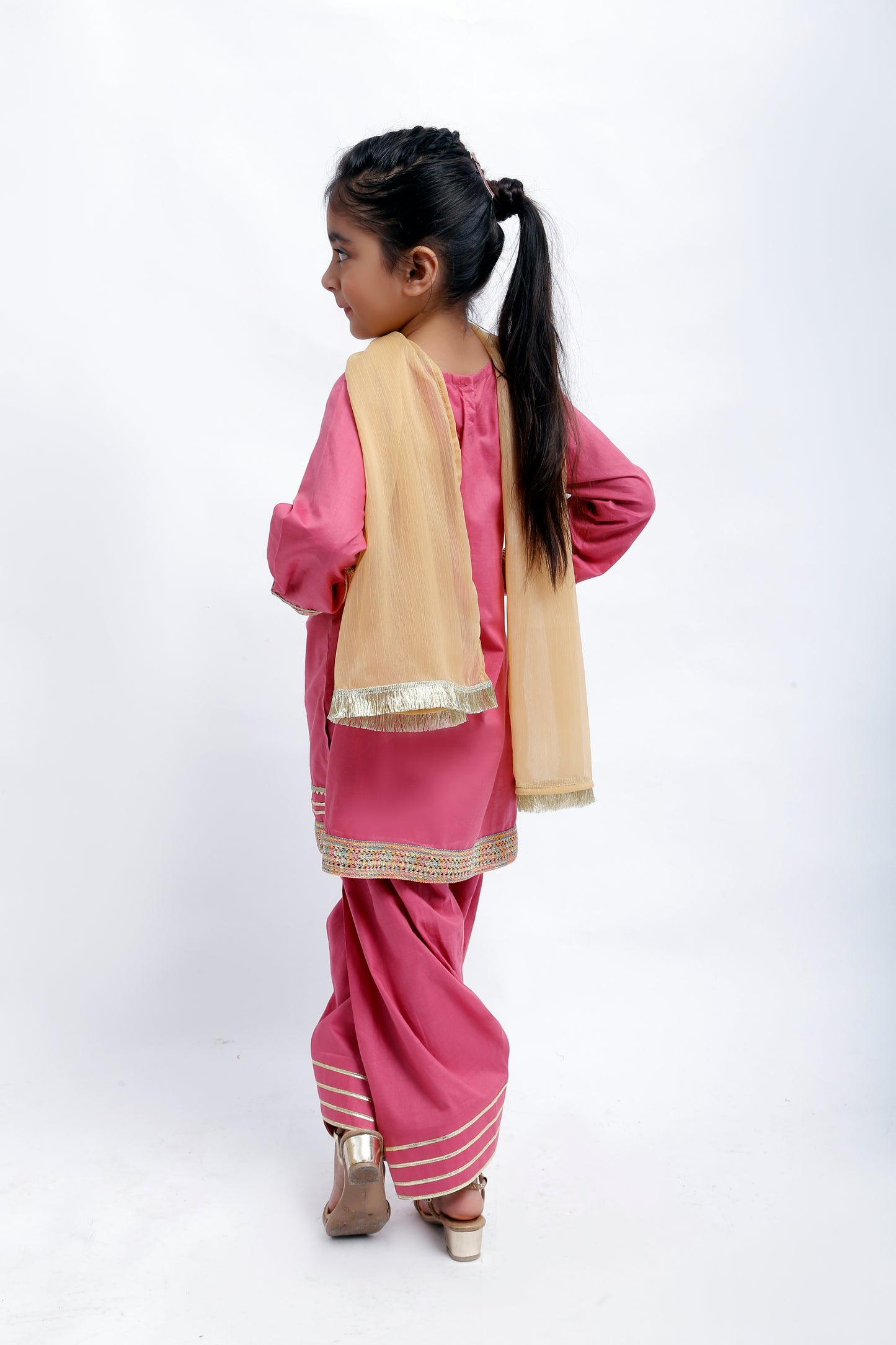 3 piece T-Pink Cotton Plazo Suit with Multicolor & Golden Laces & Golden Chiffon Dupatta. (Stitch)