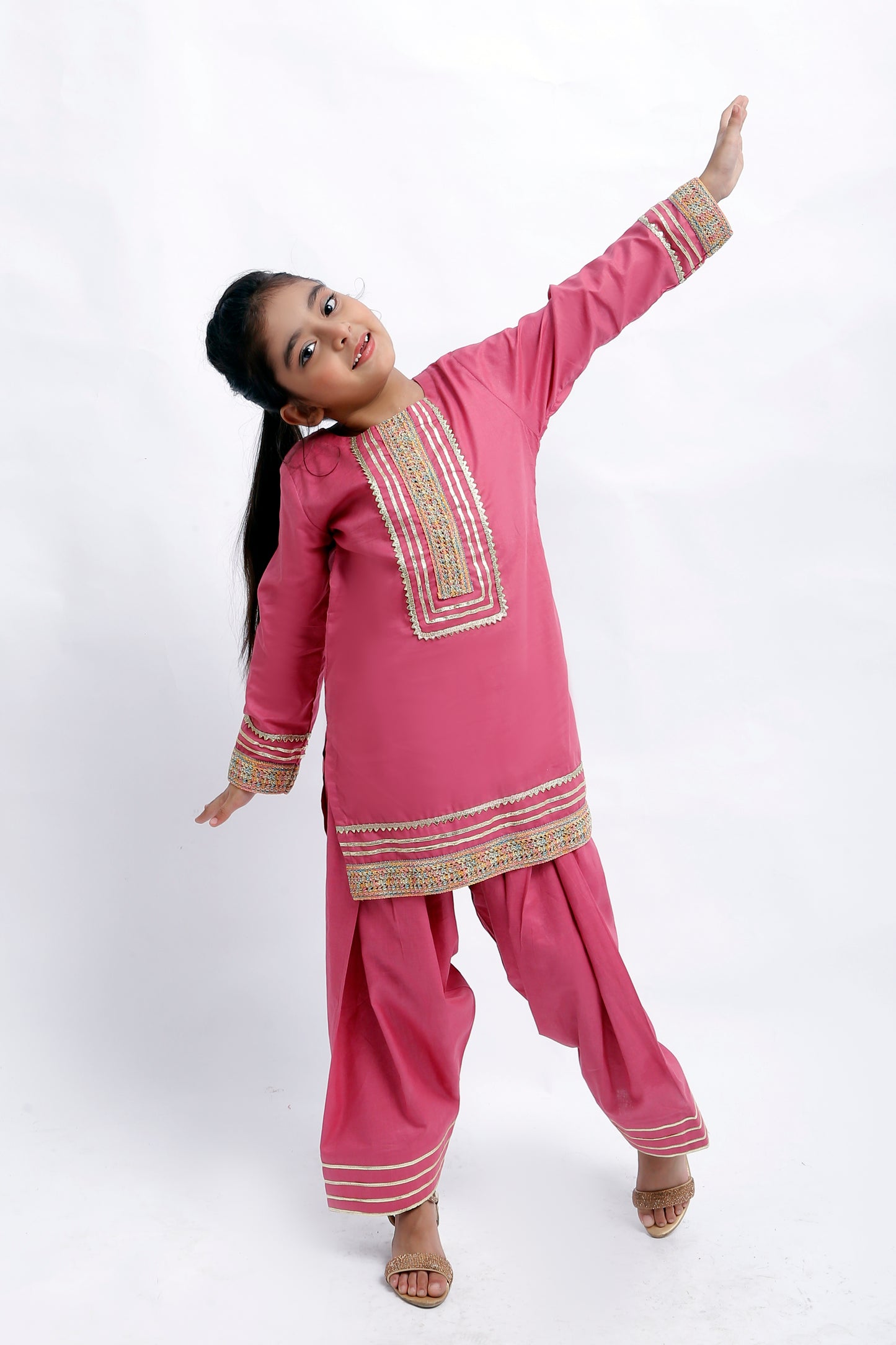 3 piece T-Pink Cotton Plazo Suit with Multicolor & Golden Laces & Golden Chiffon Dupatta. (Stitch)