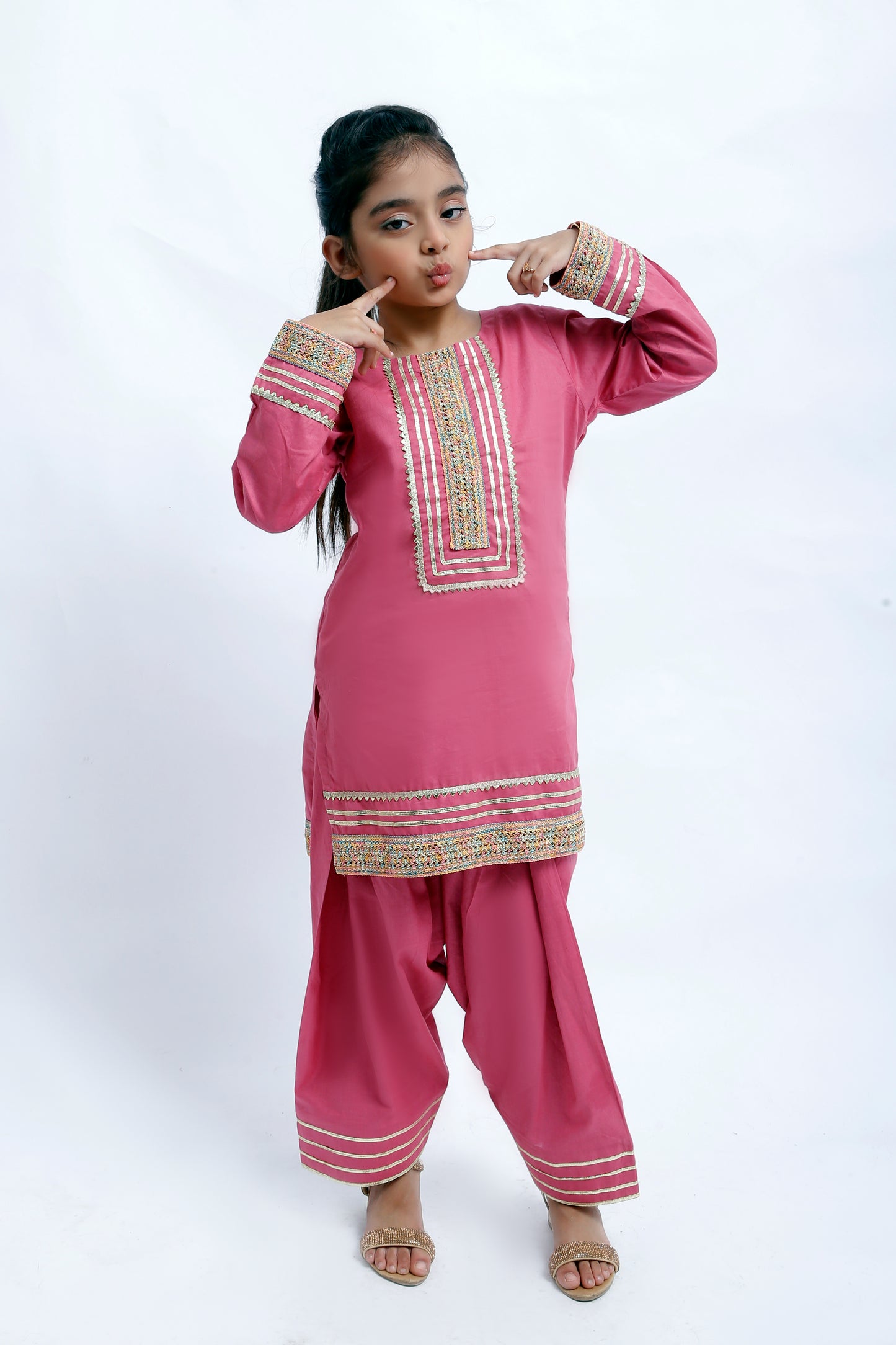 3 piece T-Pink Cotton Plazo Suit with Multicolor & Golden Laces & Golden Chiffon Dupatta. (Stitch)