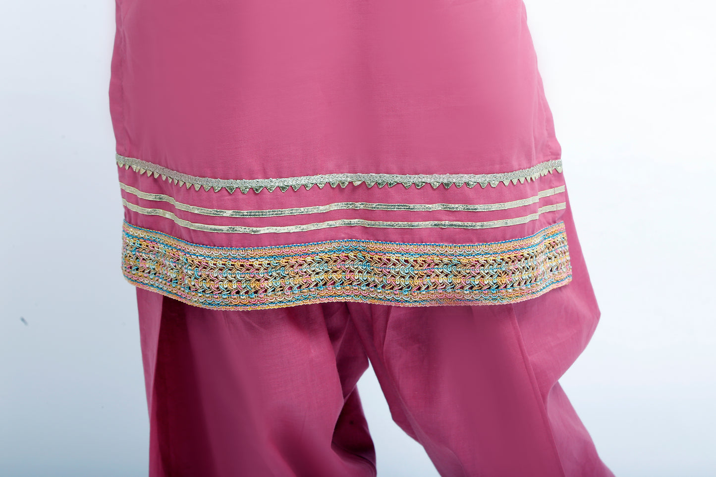 3 piece T-Pink Cotton Plazo Suit with Multicolor & Golden Laces & Golden Chiffon Dupatta. (Stitch)
