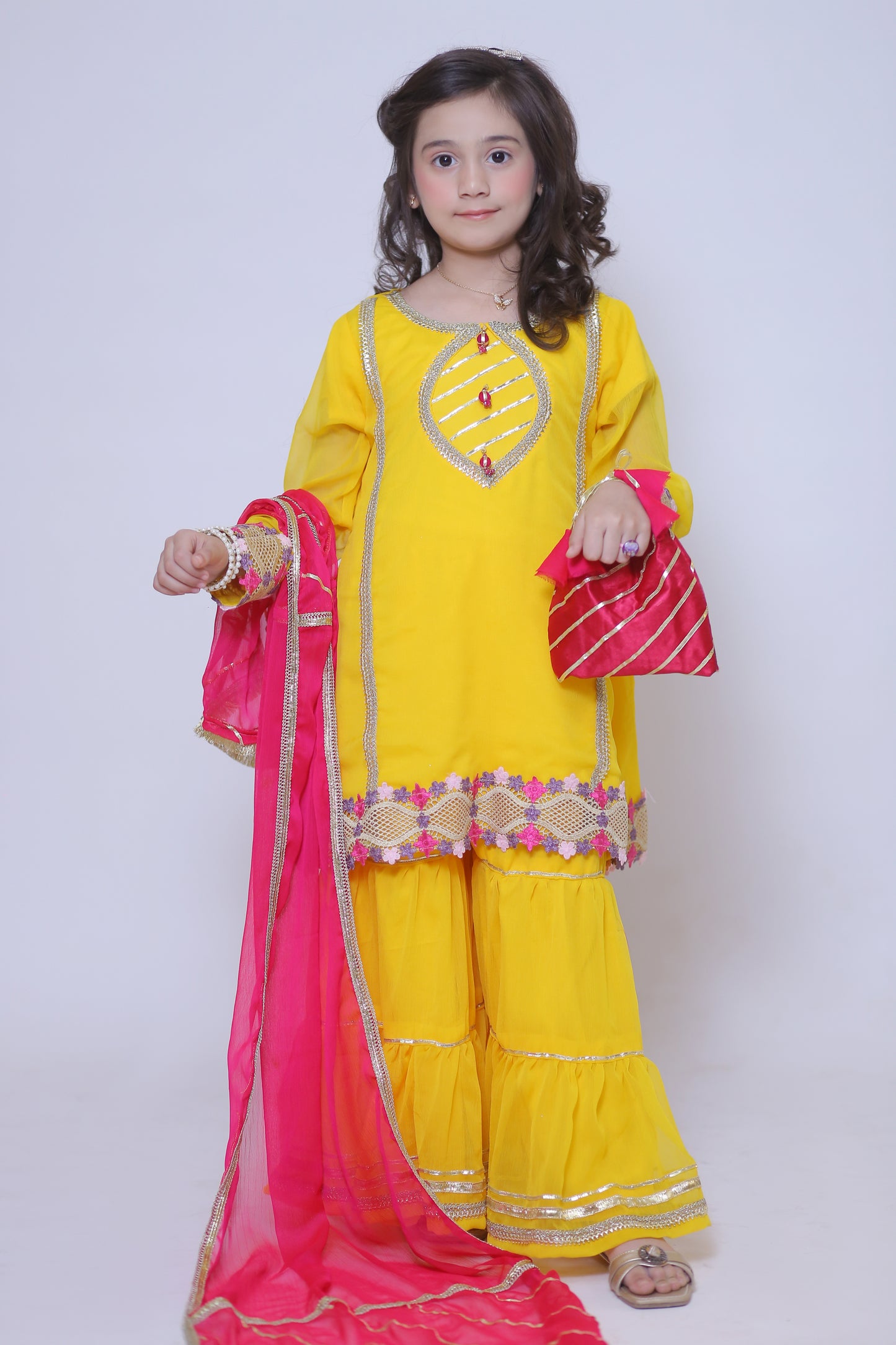 3 piece Beautiful Stunning Yellow Chiffon Gharara Suit with Shocking Pink Chiffon Dupatta & multicolor Laces.(Stitch)