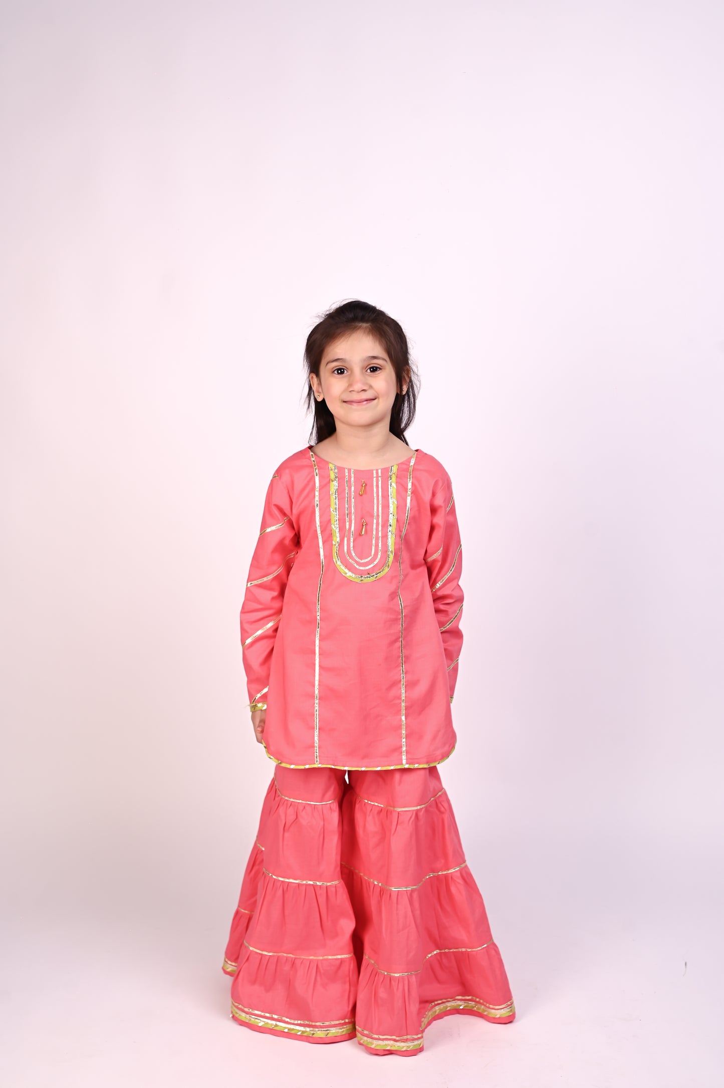 3 piece beautiful Pink Cotton Gharara Suit with Pistachio Green Net Dupatta & Pistachio Green Laces.(Stitch)