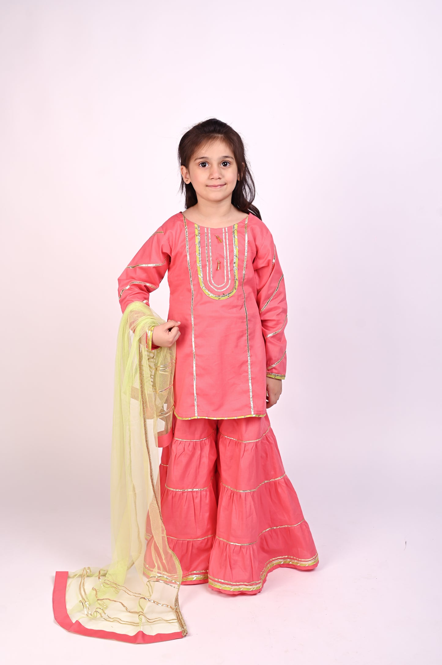 3 piece beautiful Pink Cotton Gharara Suit with Pistachio Green Net Dupatta & Pistachio Green Laces.(Stitch)
