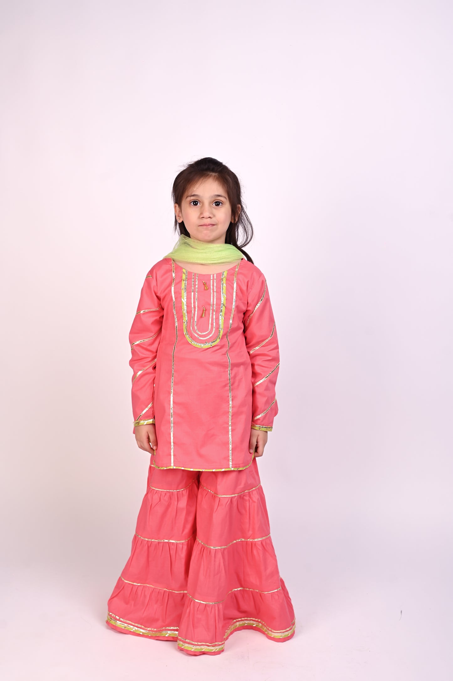 3 piece beautiful Pink Cotton Gharara Suit with Pistachio Green Net Dupatta & Pistachio Green Laces.(Stitch)