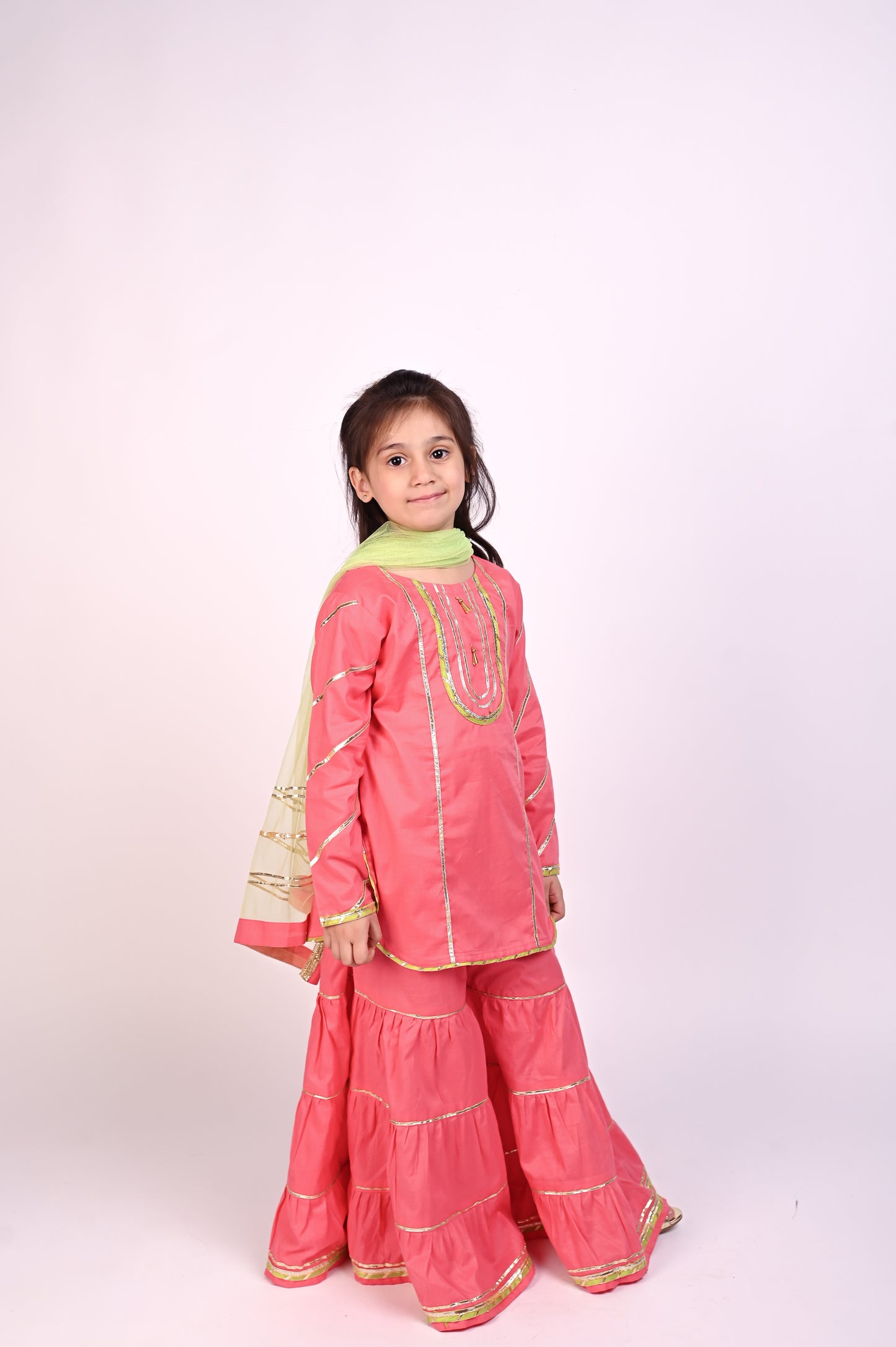 3 piece beautiful Pink Cotton Gharara Suit with Pistachio Green Net Dupatta & Pistachio Green Laces.(Stitch)