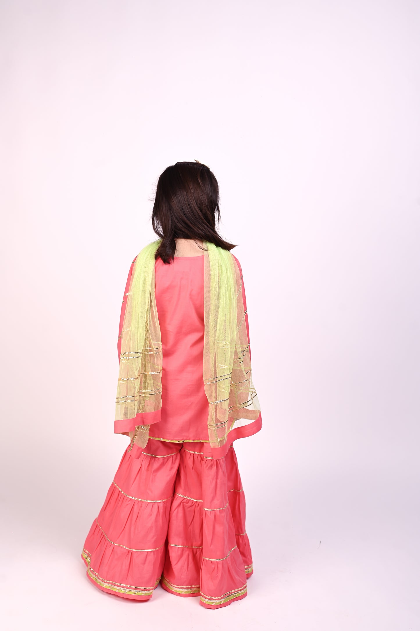 3 piece beautiful Pink Cotton Gharara Suit with Pistachio Green Net Dupatta & Pistachio Green Laces.(Stitch)