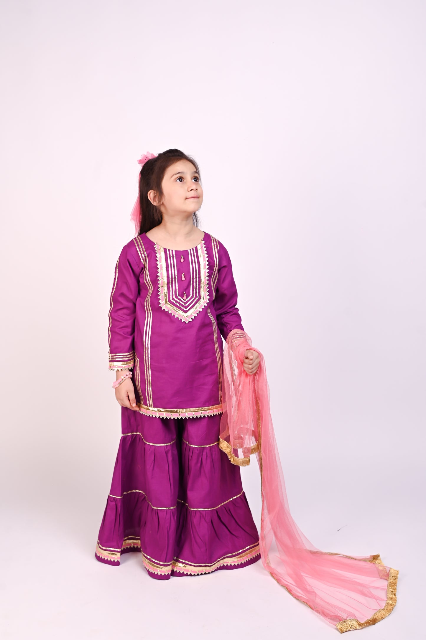 3 piece Stunning Purple Cotton Gharara Suit with Baby Pink Net Dupatta & Baby Pink Laces.(Stitch)