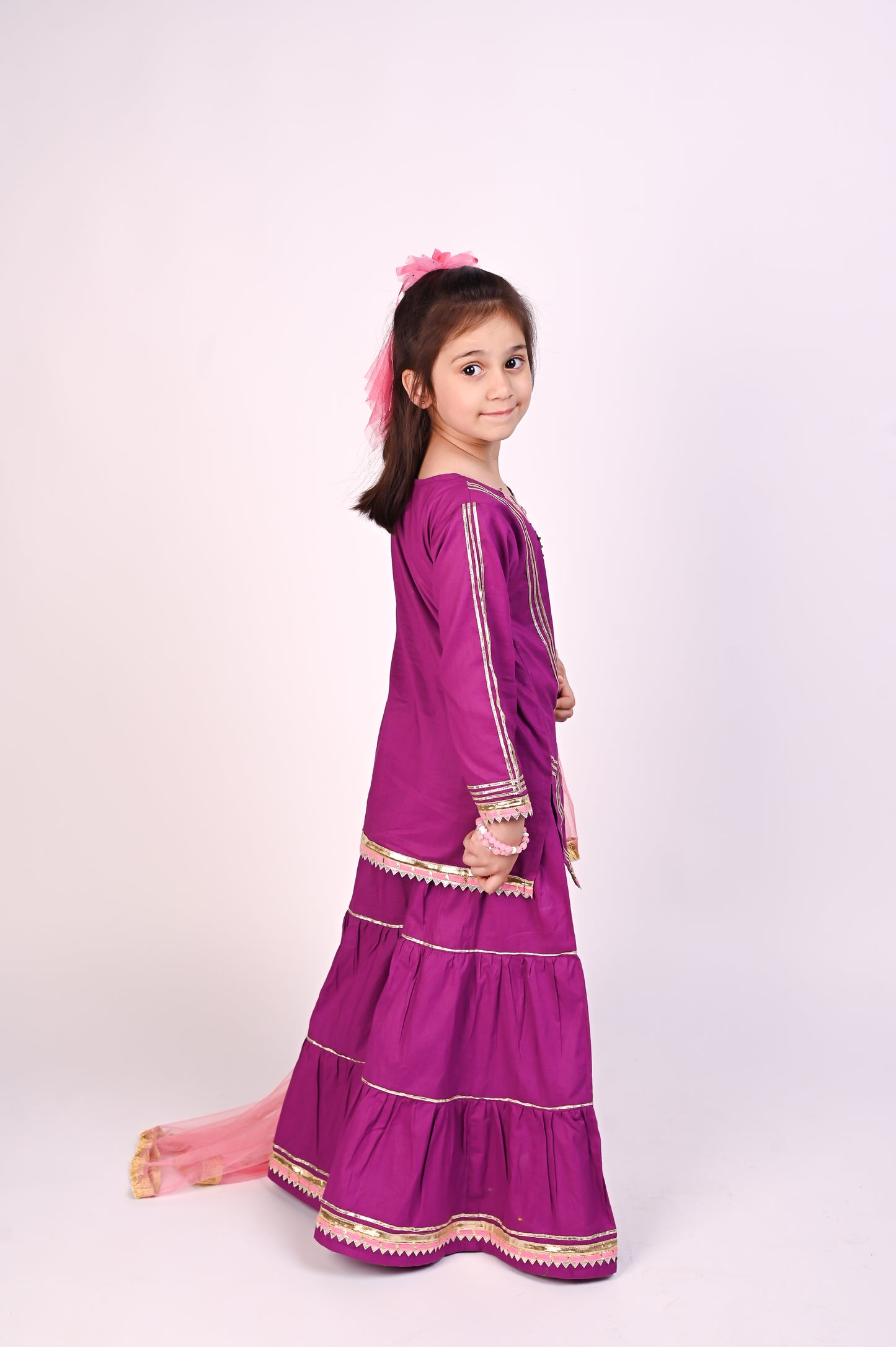 3 piece Stunning Purple Cotton Gharara Suit with Baby Pink Net Dupatta & Baby Pink Laces.(Stitch)