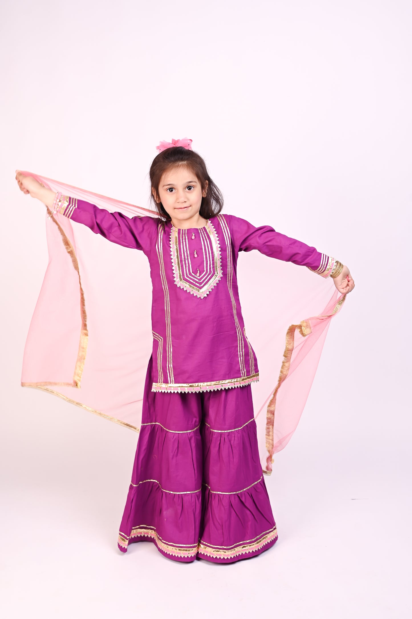 3 piece Stunning Purple Cotton Gharara Suit with Baby Pink Net Dupatta & Baby Pink Laces.(Stitch)