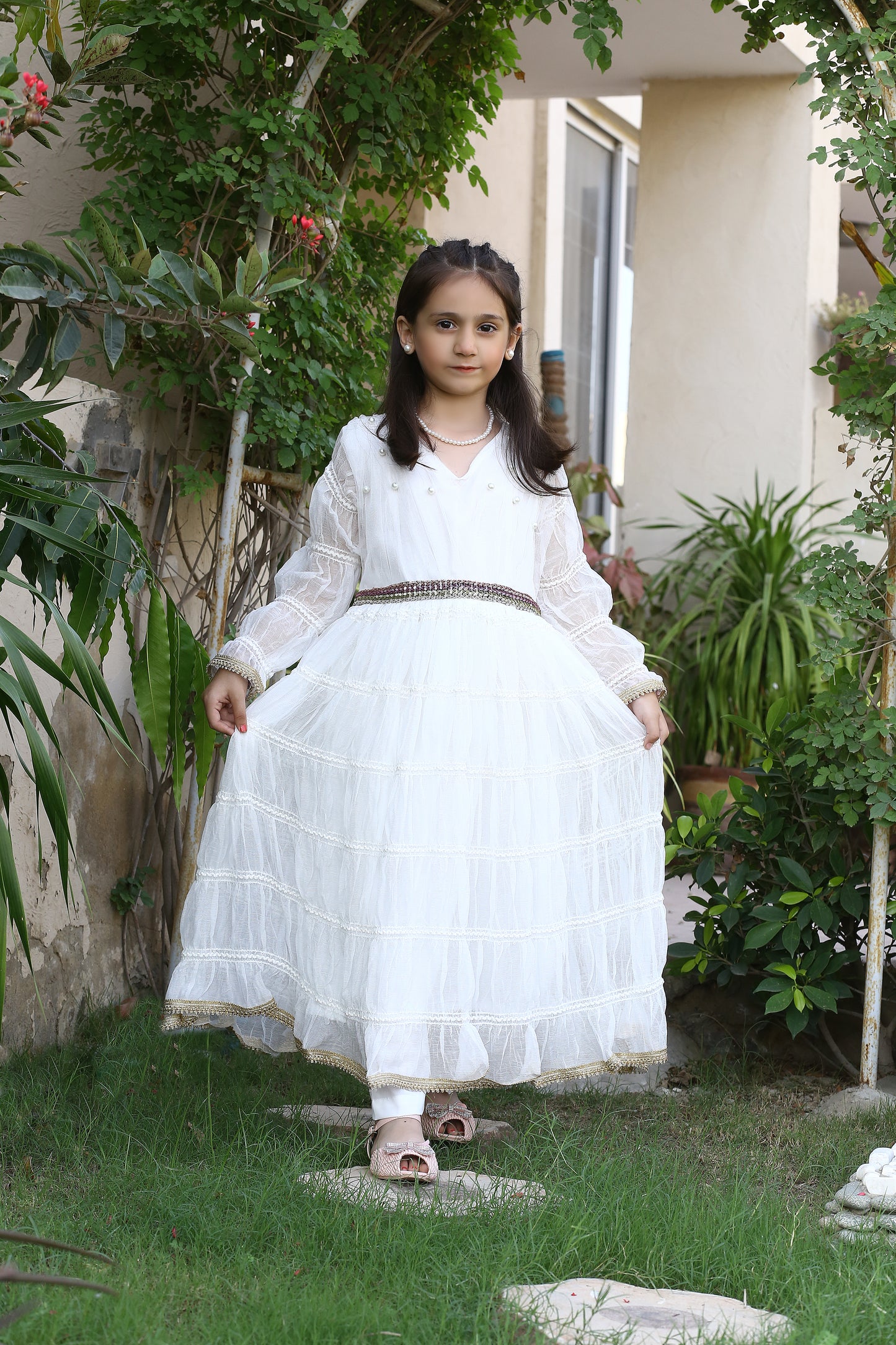 3 piece Chiffon White Frill Frock with White Malai Trouser & Pistachio Green Chan Net Dupatta & beautiful Multi Laces.(Stitch)