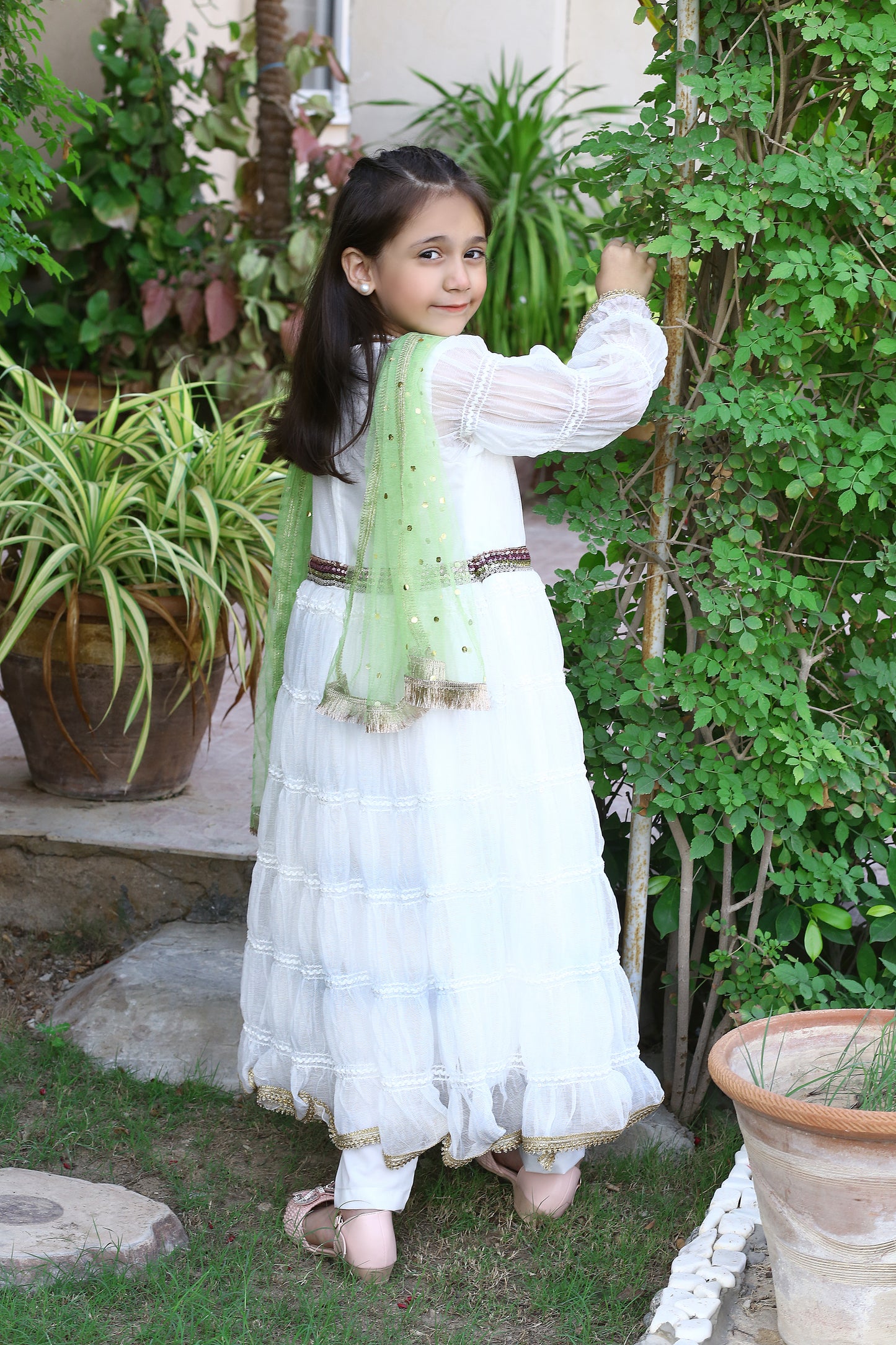3 piece Chiffon White Frill Frock with White Malai Trouser & Pistachio Green Chan Net Dupatta & beautiful Multi Laces.(Stitch)
