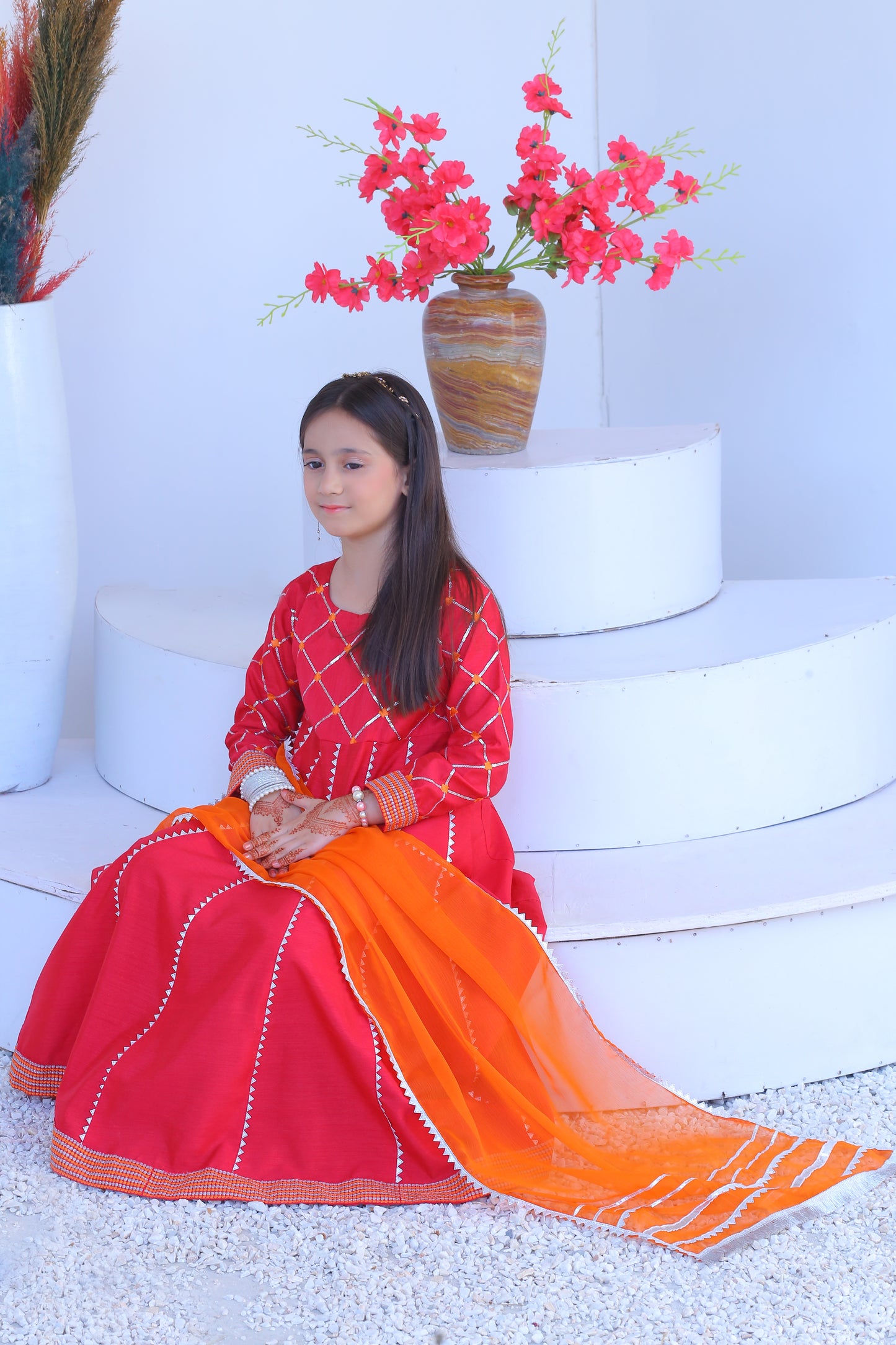 3 piece Shocking Pink Silver Embroidery Raw Silk Frock Suit with Dull Silk Trouser & Orange Chiffon Dupatta & Silver Laces.(Stitch)