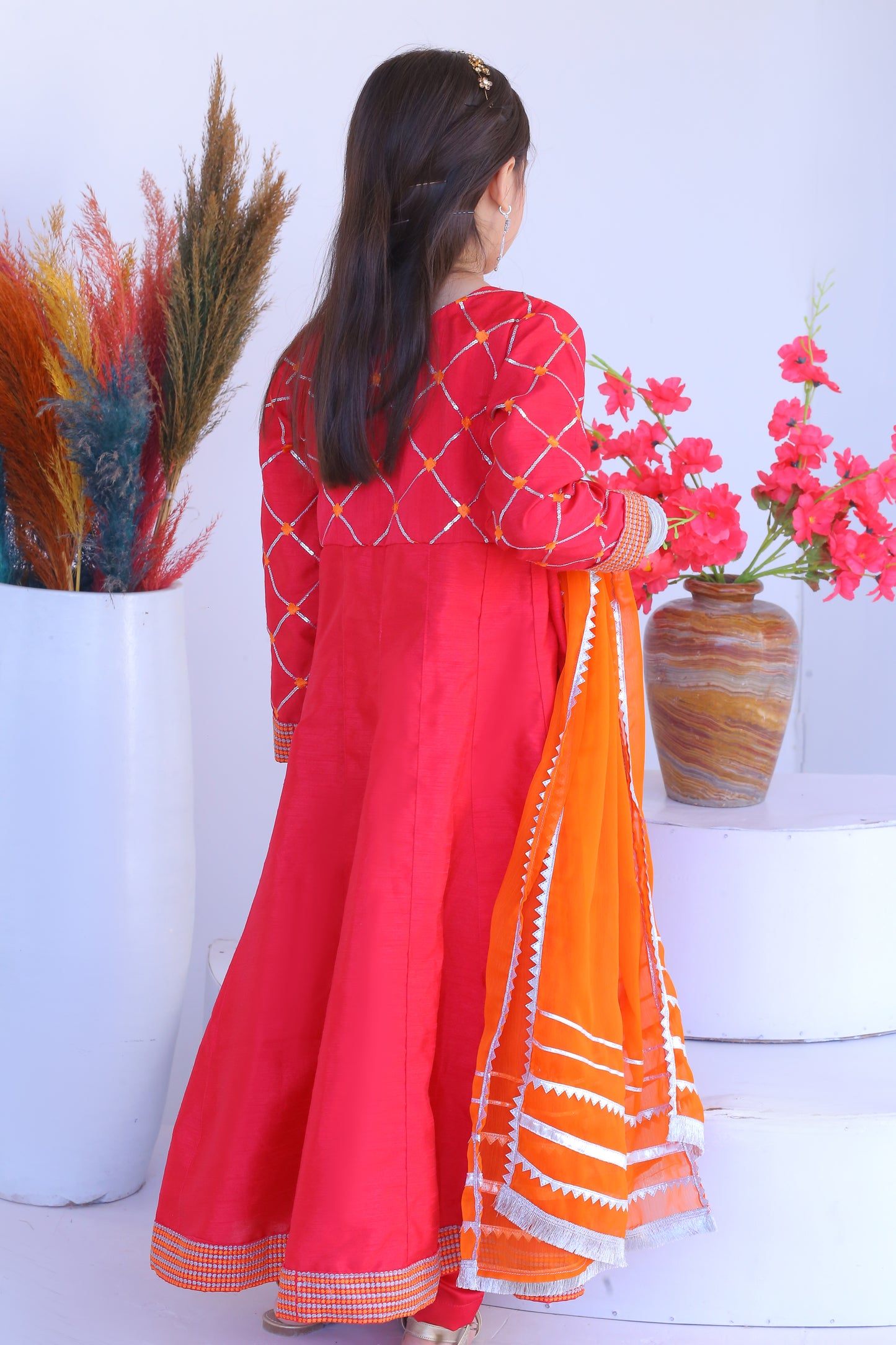 3 piece Shocking Pink Silver Embroidery Raw Silk Frock Suit with Dull Silk Trouser & Orange Chiffon Dupatta & Silver Laces.(Stitch)