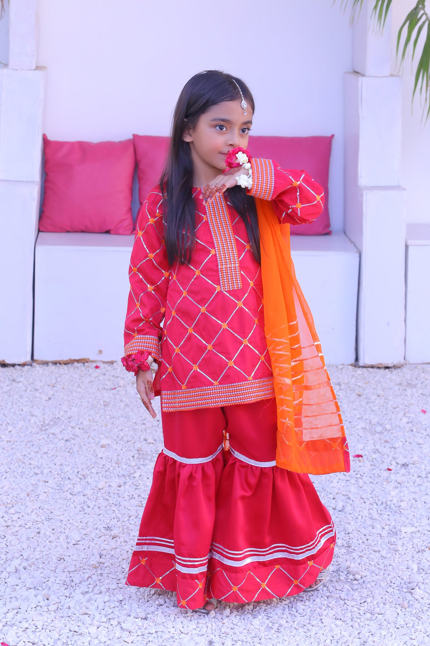 3 piece Stunning Shocking Pink Silver Embroidery Raw Silk Gharara Suit with Orange Chiffon Dupatta & Silver Laces.(Stitch)