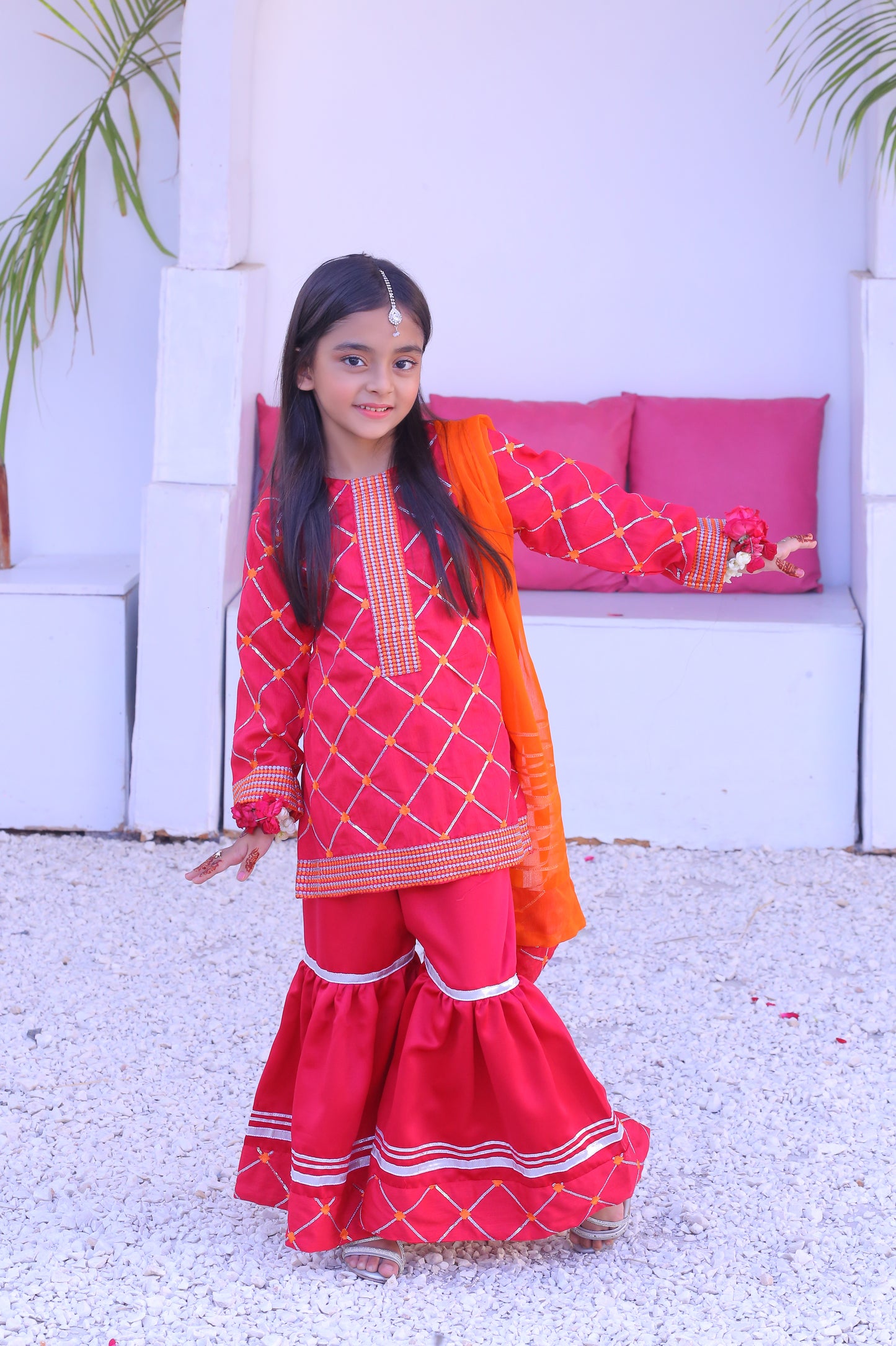 3 piece Stunning Shocking Pink Silver Embroidery Raw Silk Gharara Suit with Orange Chiffon Dupatta & Silver Laces.(Stitch)