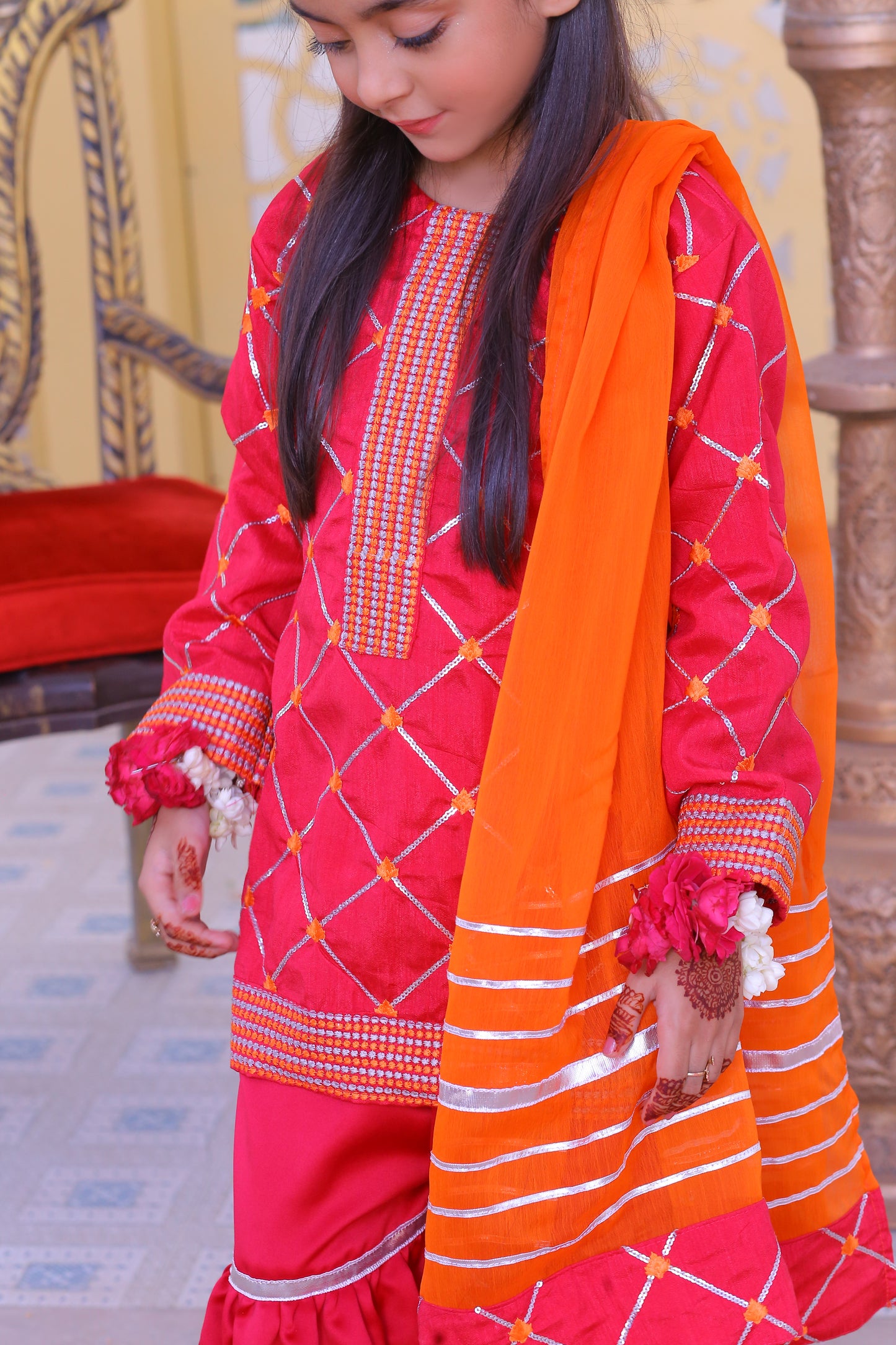 3 piece Stunning Shocking Pink Silver Embroidery Raw Silk Gharara Suit with Orange Chiffon Dupatta & Silver Laces.(Stitch)