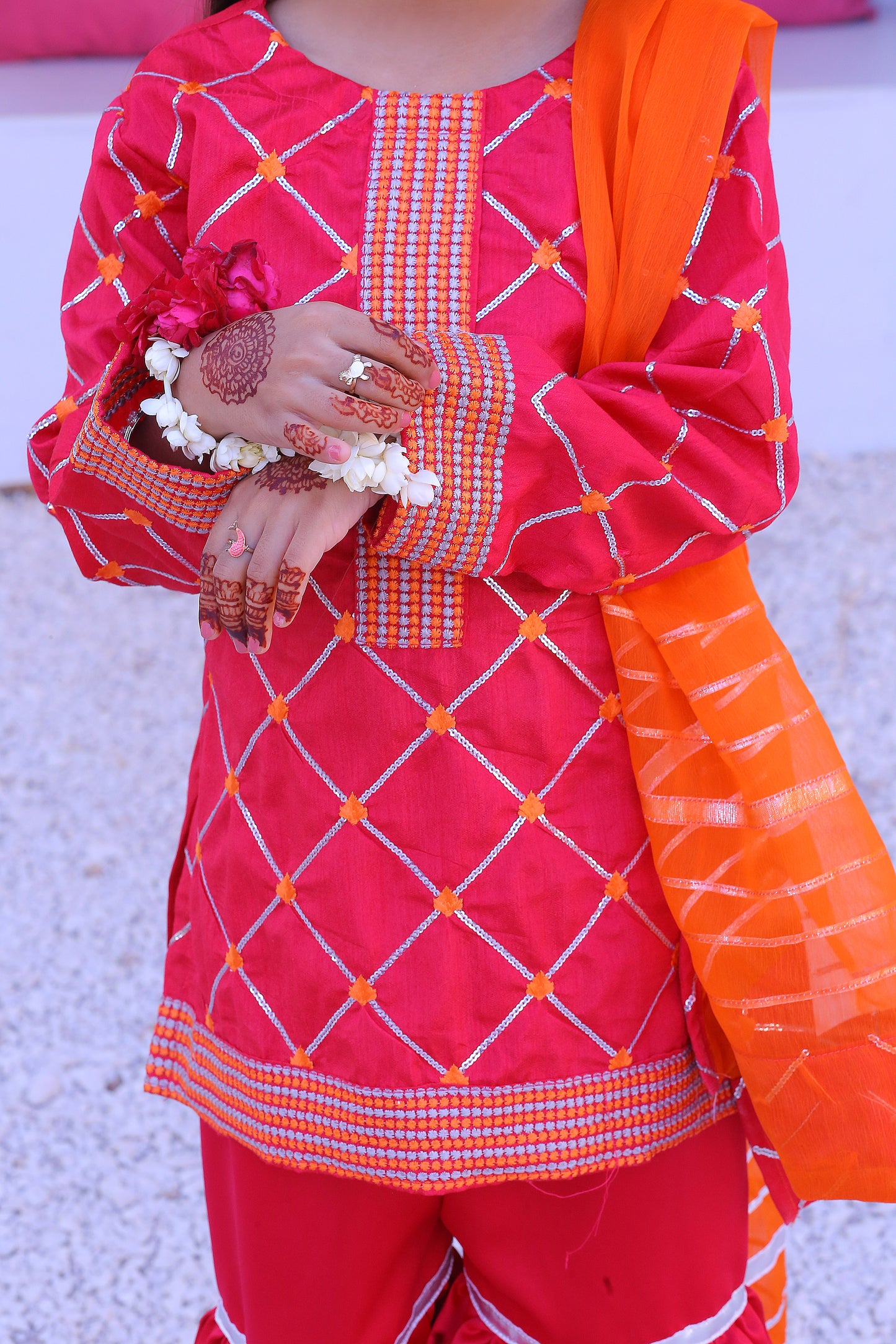 3 piece Stunning Shocking Pink Silver Embroidery Raw Silk Gharara Suit with Orange Chiffon Dupatta & Silver Laces.(Stitch)