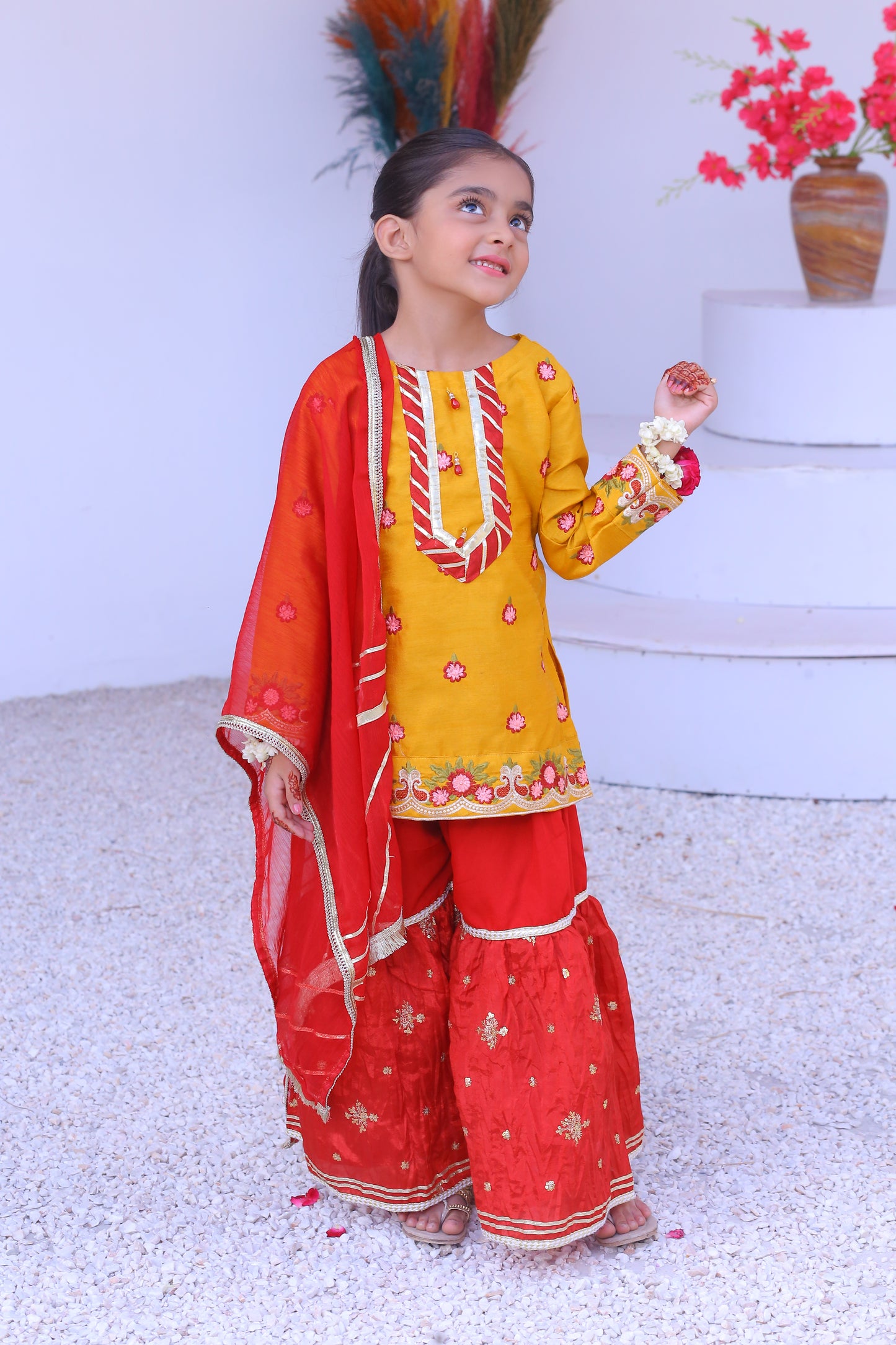 3 piece Mustered Embroidery Raw Silk Gharara Suit with Reddish Maroon Crush Embroidery Gharara & Reddish Maroon Chiffon Dupatta & Laces.(Stitch)