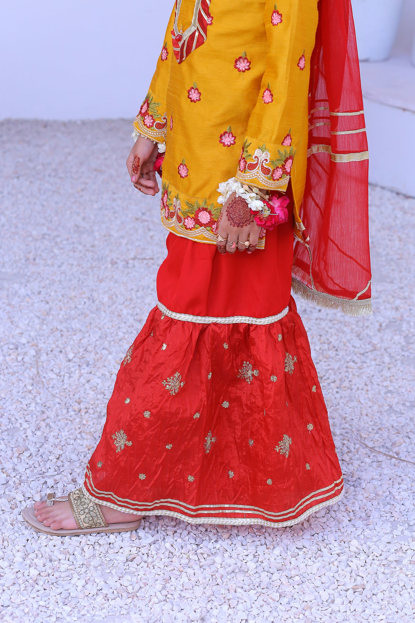 3 piece Mustered Embroidery Raw Silk Gharara Suit with Reddish Maroon Crush Embroidery Gharara & Reddish Maroon Chiffon Dupatta & Laces.(Stitch)
