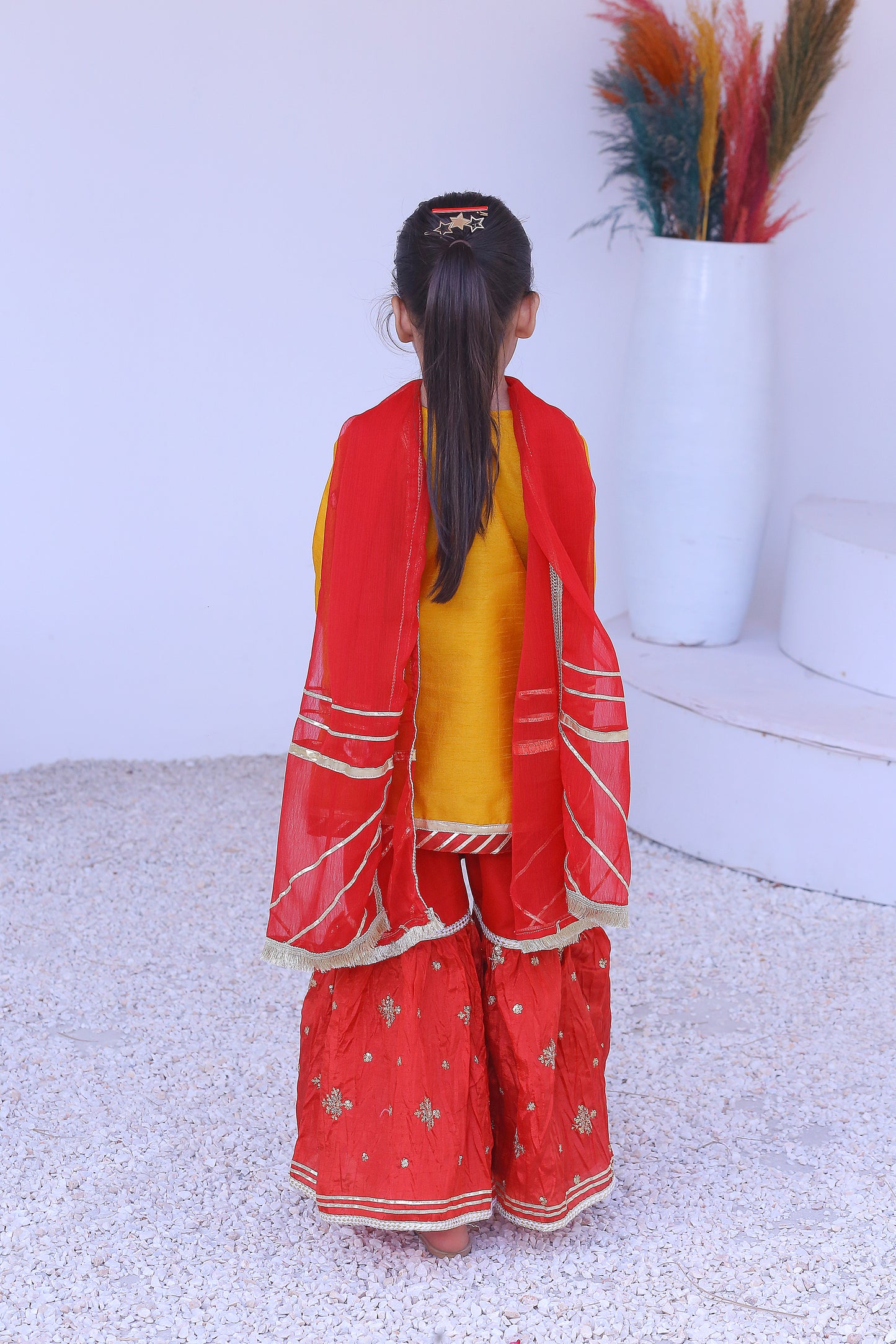 3 piece Mustered Embroidery Raw Silk Gharara Suit with Reddish Maroon Crush Embroidery Gharara & Reddish Maroon Chiffon Dupatta & Laces.(Stitch)
