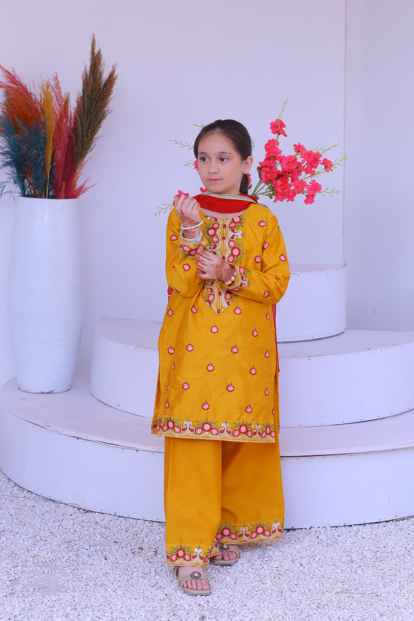 3 piece Mustered Raw Silk Embroidered Plazo Suit with Reddish Maroon Chiffon Dupatta & Golden Laces.(Stitch)