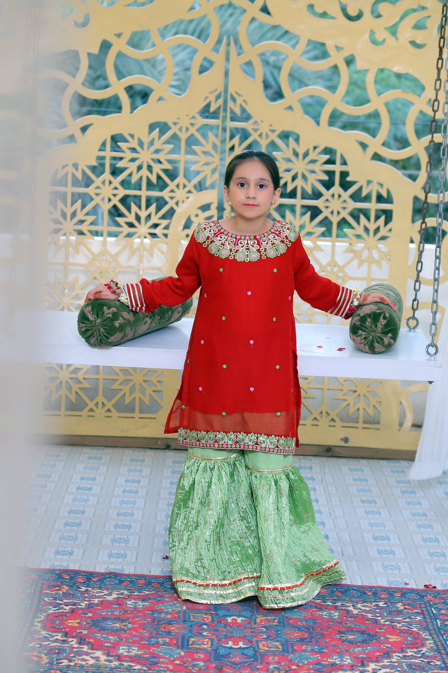 3 piece Beautiful Reddish Maroon Chiffon Embroidery Gharara Suit with Pistachio Green Embroidery Crush Gharara & Pistachio Green Chiffon Dupatta & Golden Laces.(Stitch).