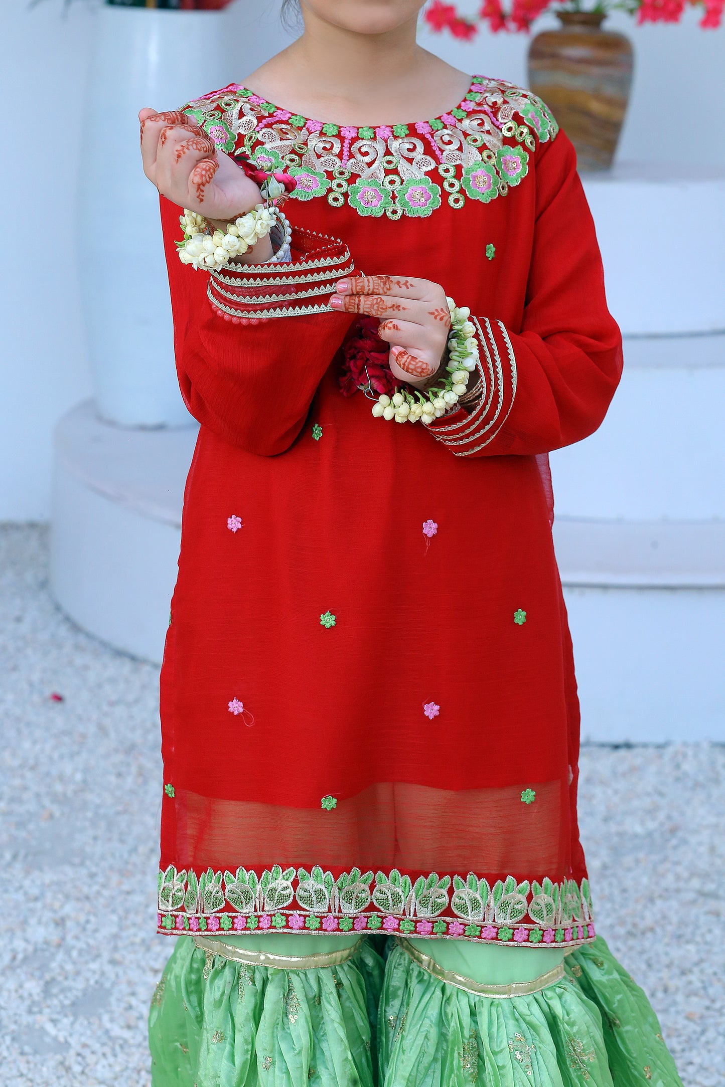 3 piece Beautiful Reddish Maroon Chiffon Embroidery Gharara Suit with Pistachio Green Embroidery Crush Gharara & Pistachio Green Chiffon Dupatta & Golden Laces.(Stitch).