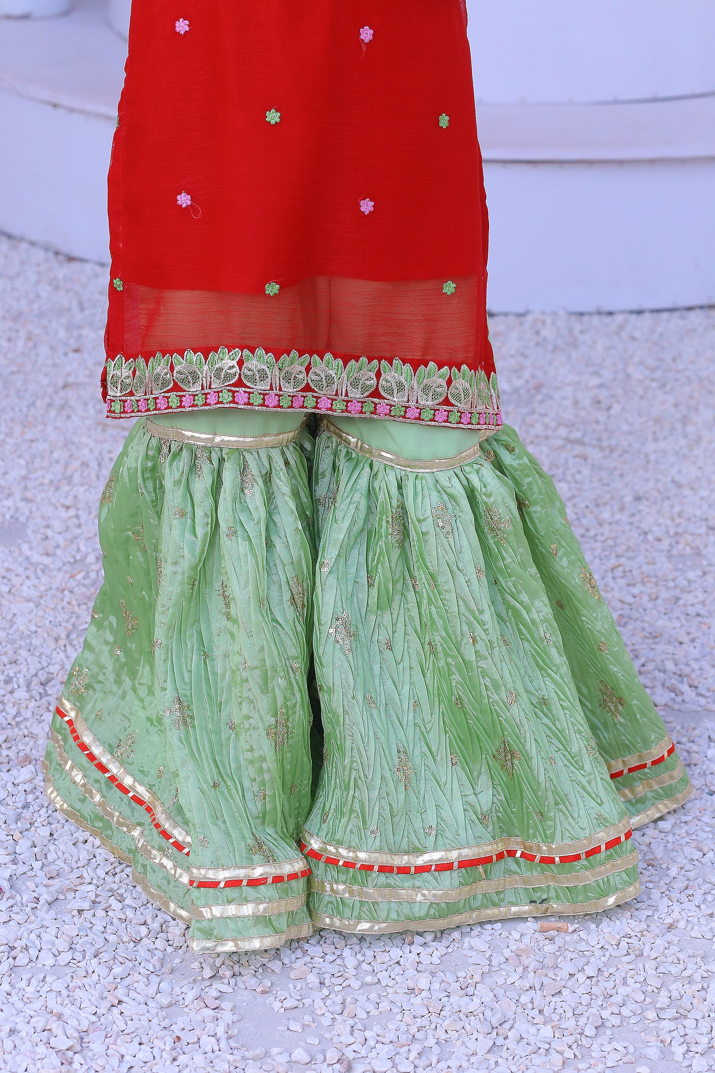 3 piece Beautiful Reddish Maroon Chiffon Embroidery Gharara Suit with Pistachio Green Embroidery Crush Gharara & Pistachio Green Chiffon Dupatta & Golden Laces.(Stitch).