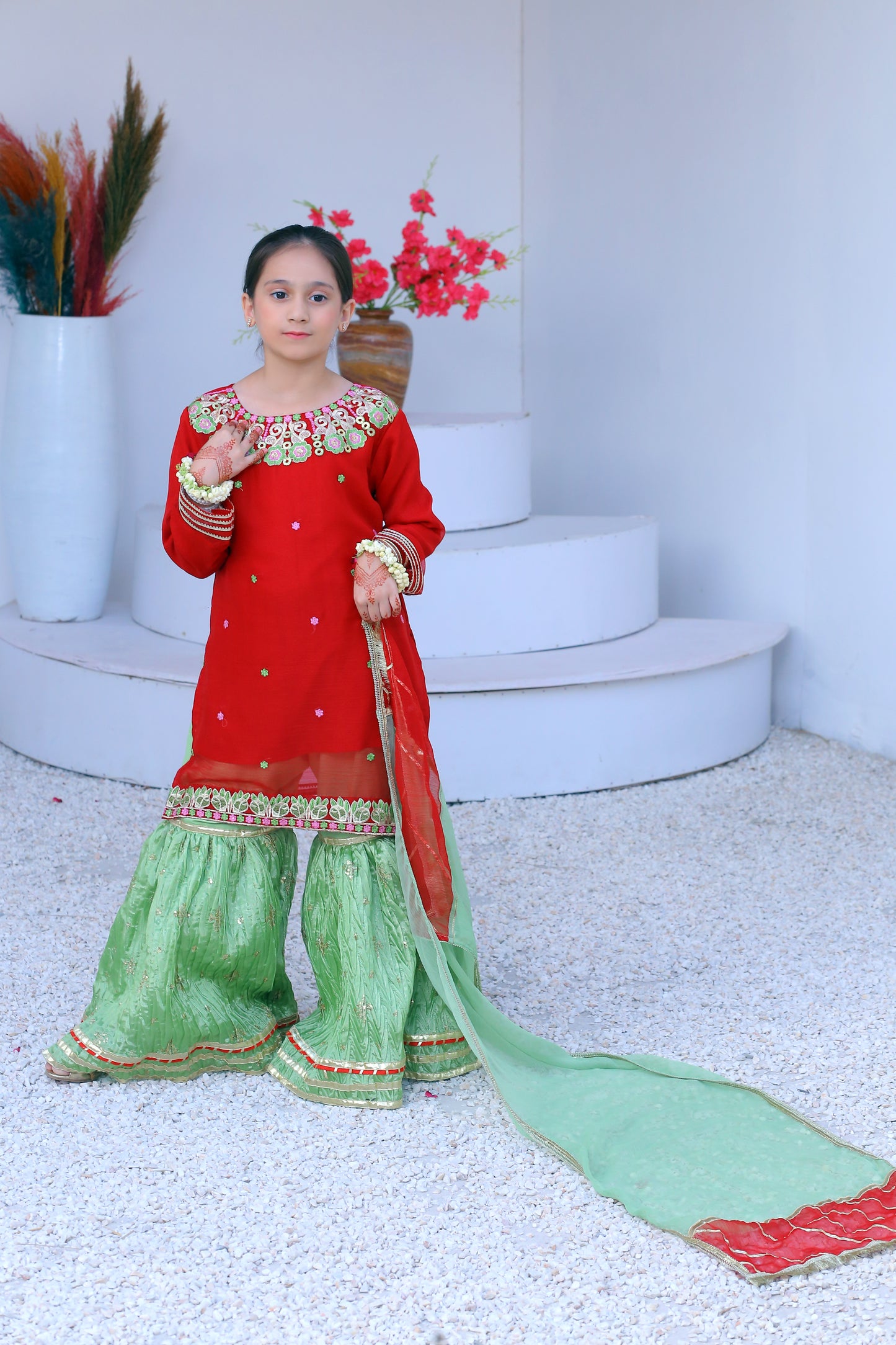 3 piece Beautiful Reddish Maroon Chiffon Embroidery Gharara Suit with Pistachio Green Embroidery Crush Gharara & Pistachio Green Chiffon Dupatta & Golden Laces.(Stitch).